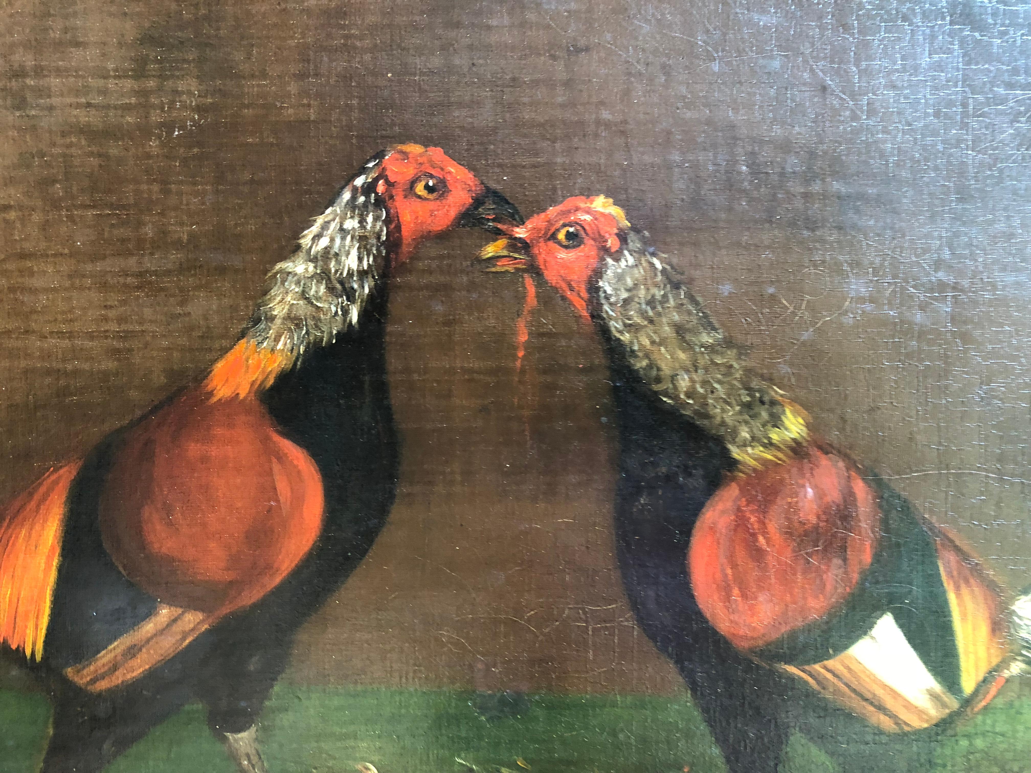 Folk Art Pair of 19th Century English Sporting Paintings, Fighting Cocks