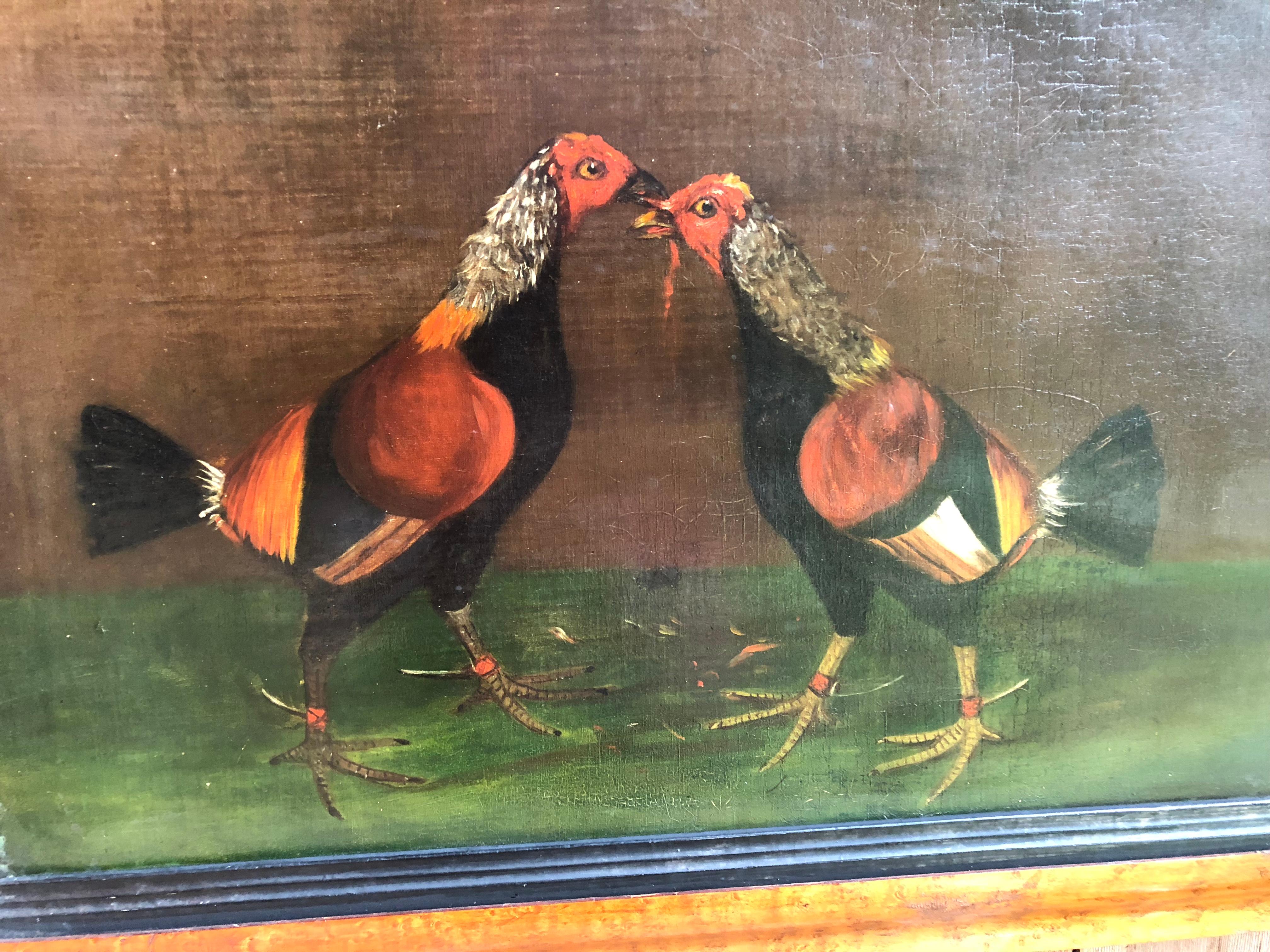 Painted Pair of 19th Century English Sporting Paintings, Fighting Cocks