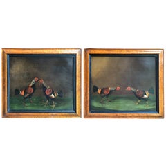Pair of 19th Century English Sporting Paintings, Fighting Cocks