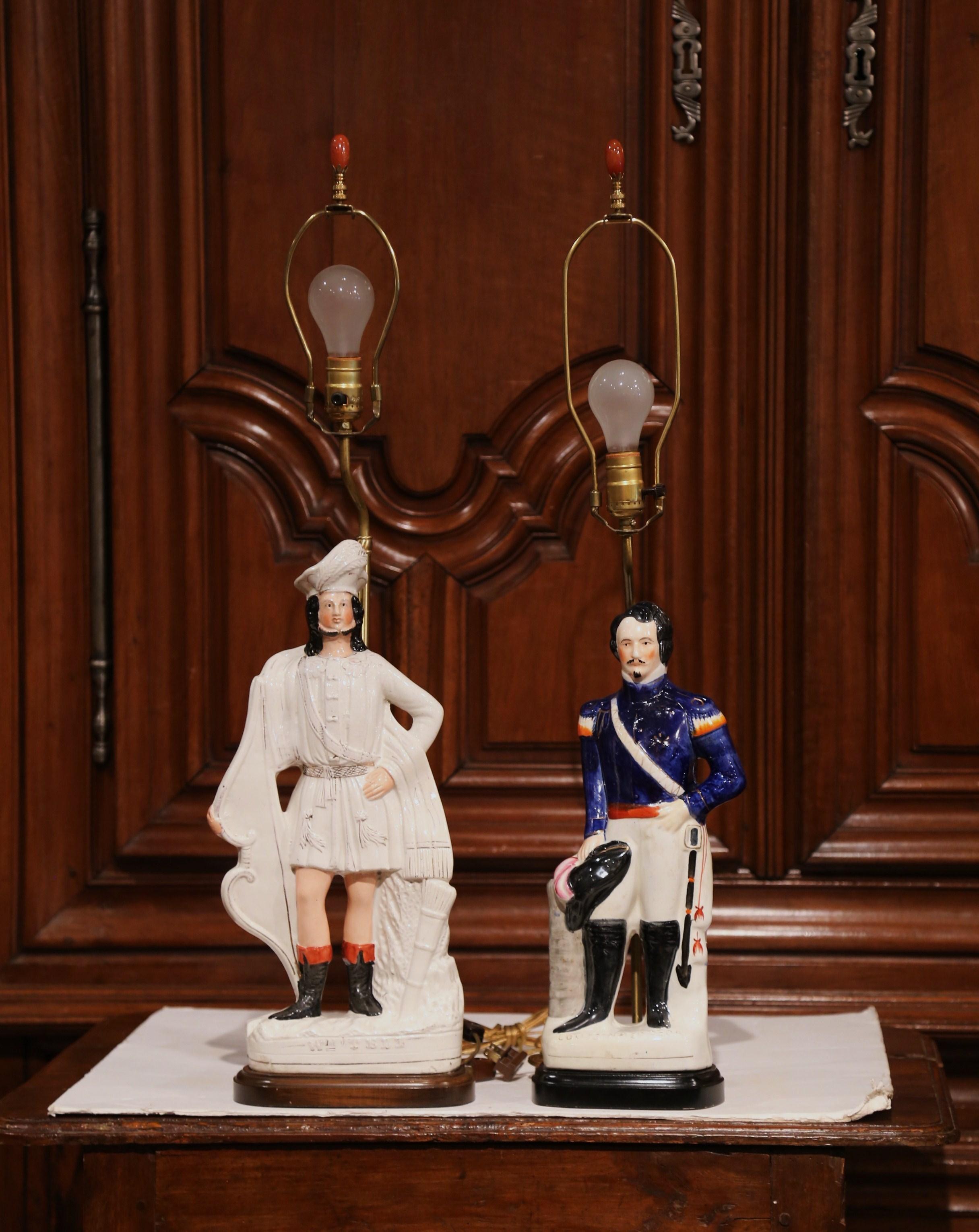 French Pair of 19th Century English Staffordshire Ceramic Figures Made into Table Lamps