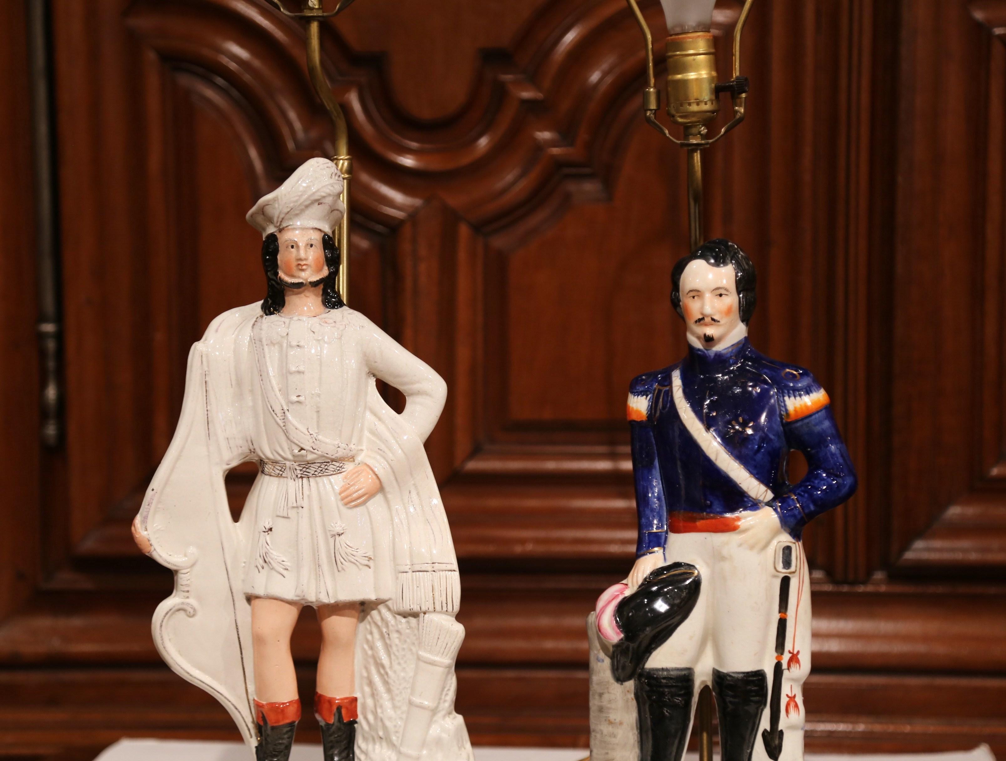 Hand-Crafted Pair of 19th Century English Staffordshire Ceramic Figures Made into Table Lamps