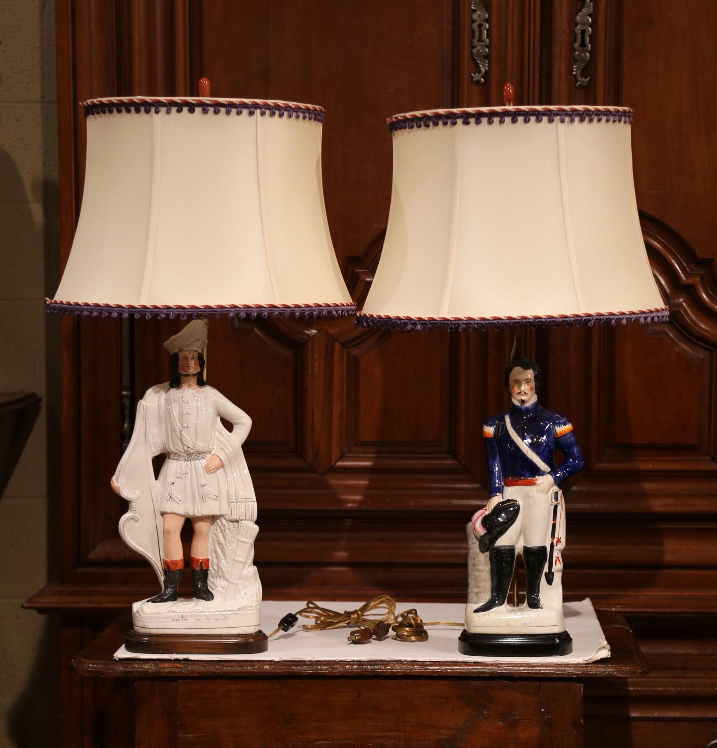 Pair of 19th Century English Staffordshire Ceramic Figures Made into Table Lamps In Excellent Condition In Dallas, TX