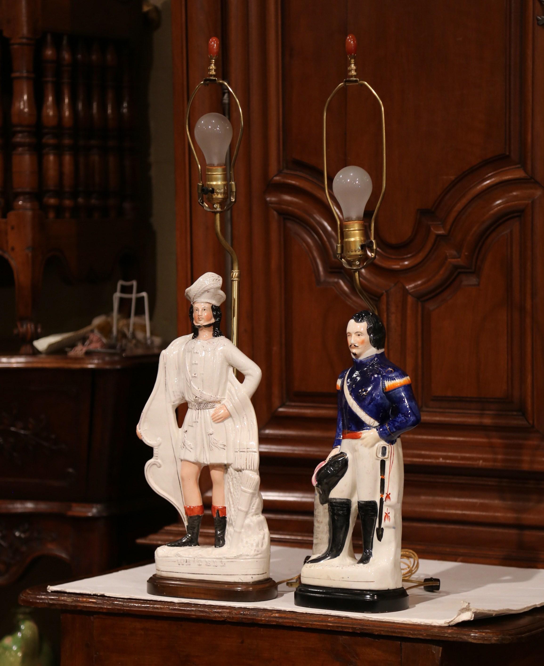 Porcelain Pair of 19th Century English Staffordshire Ceramic Figures Made into Table Lamps