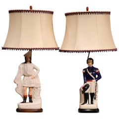 Antique Pair of 19th Century English Staffordshire Ceramic Figures Made into Table Lamps