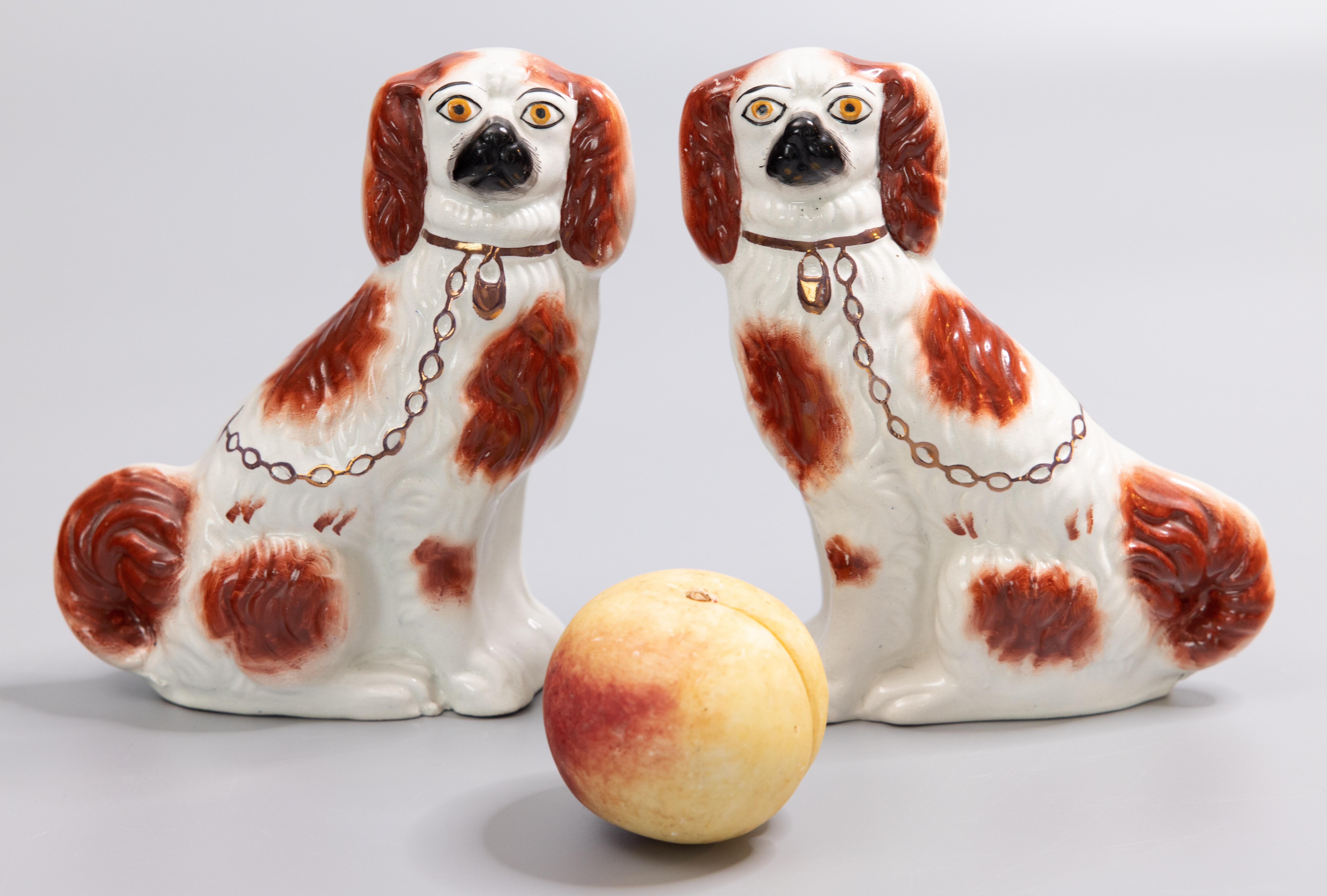 Hand-Painted Pair of 19th Century English Staffordshire Russet Spaniel Dogs Figurines