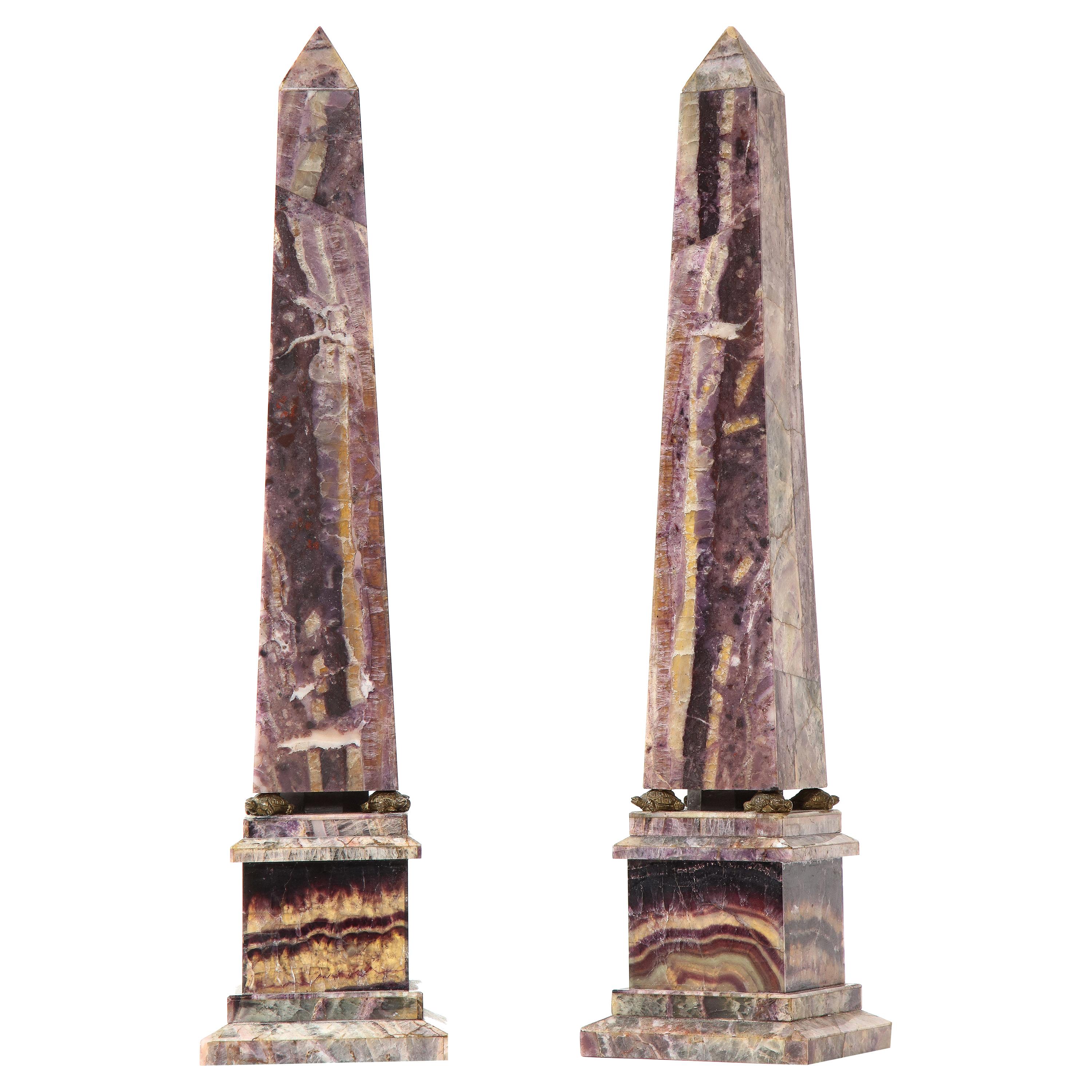 Pair of 19th Century English Turtle-Form Ormolu Mnt. Blue John Obelisks
