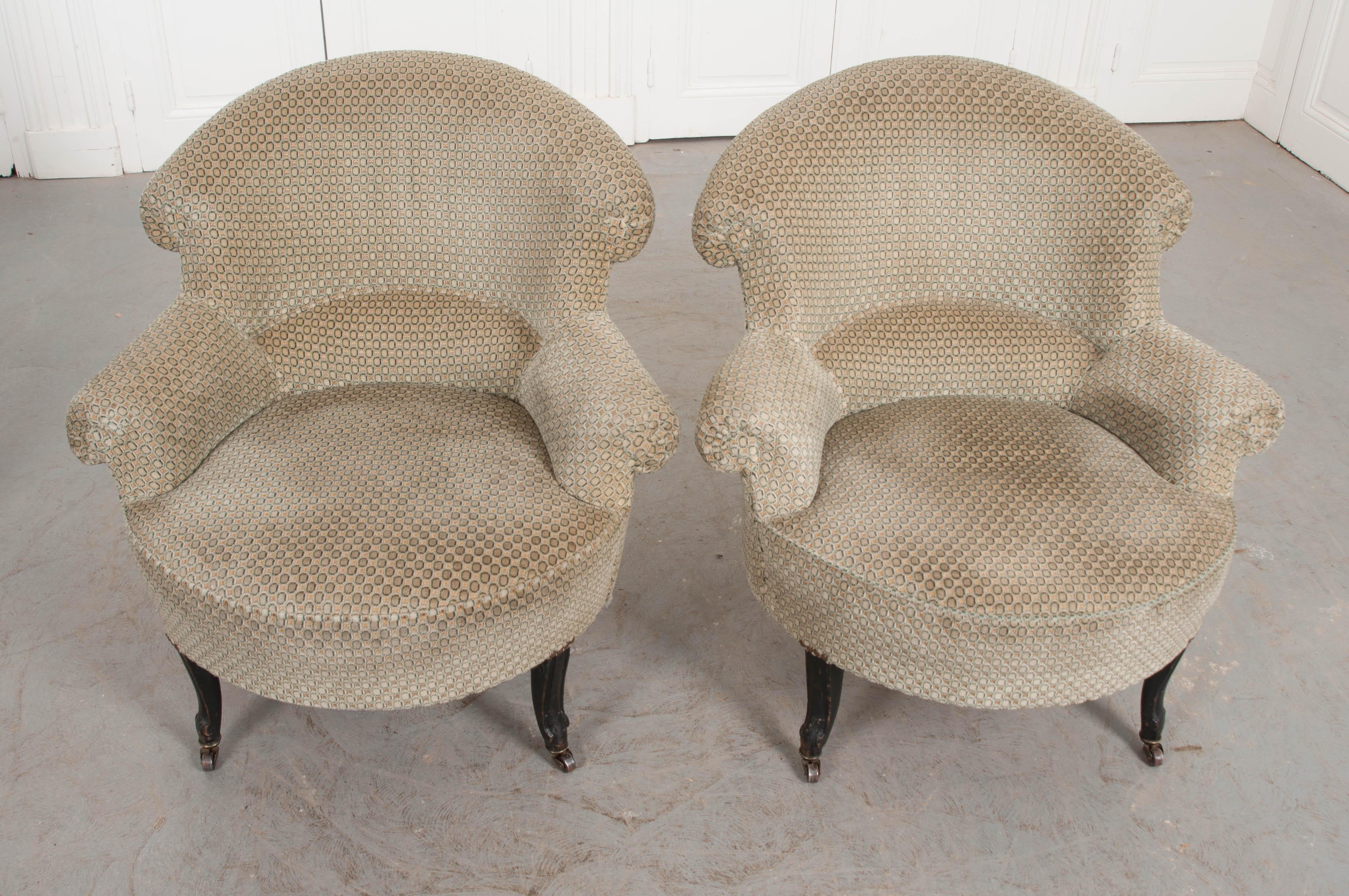 Ebonized Pair of 19th Century English Upholstered Tub Chairs