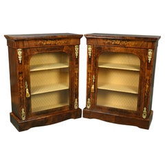 Pair of 19th Century English Victorian Burr Walnut Marquetry Pier Cabinets