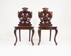 Pair of 19th Century English Victorian Gothic Revival Mahogany Hall Chairs