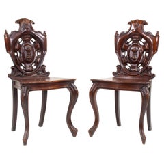Pair of 19th Century English Victorian Gothic Revival Mahogany Hall Chairs
