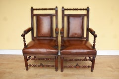 Pair of 19th Century English Victorian Gothic Revival Walnut Armchairs