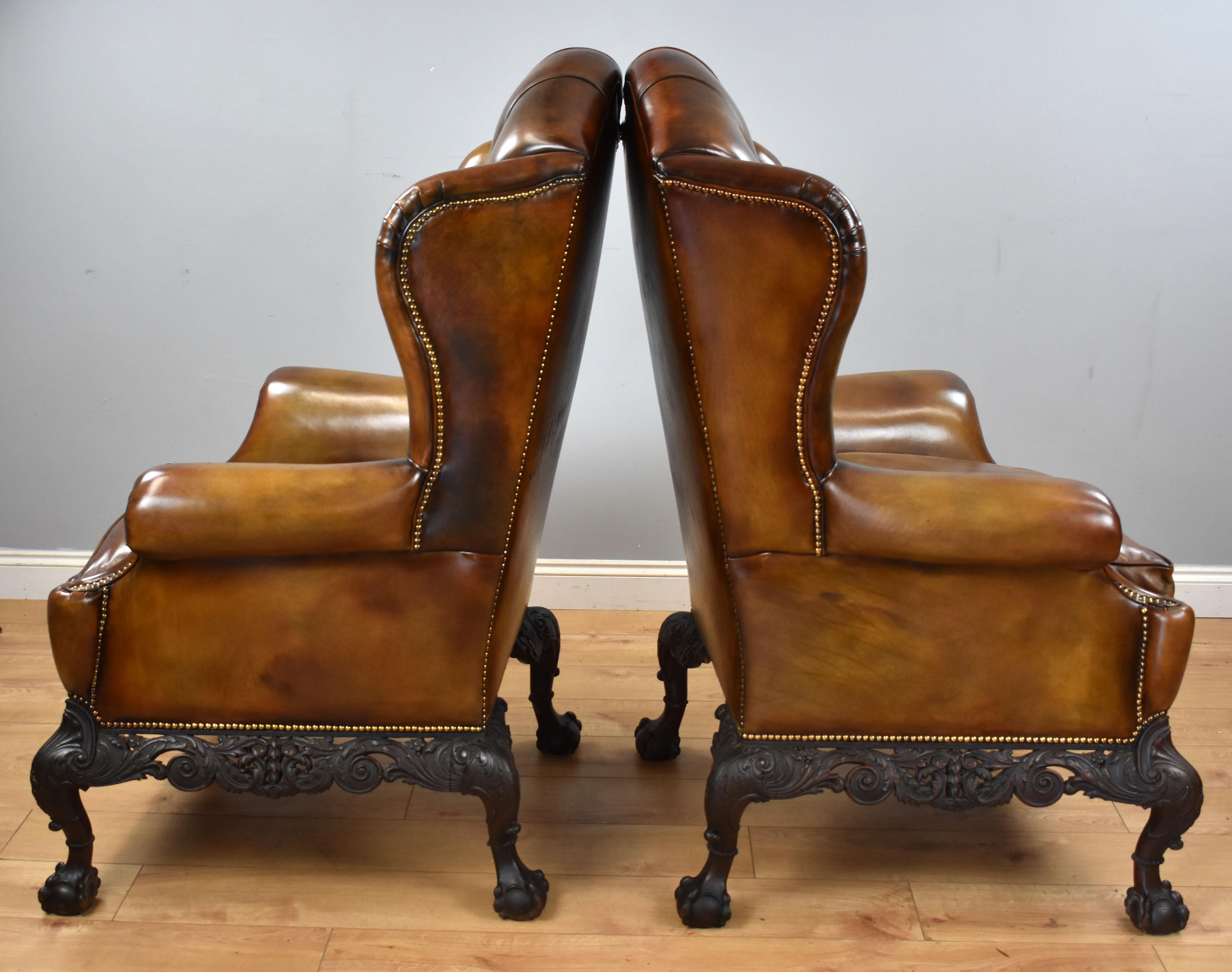 George III Pair of 19th Century English Victorian Hand Dyed Leather Wing Back Armchairs