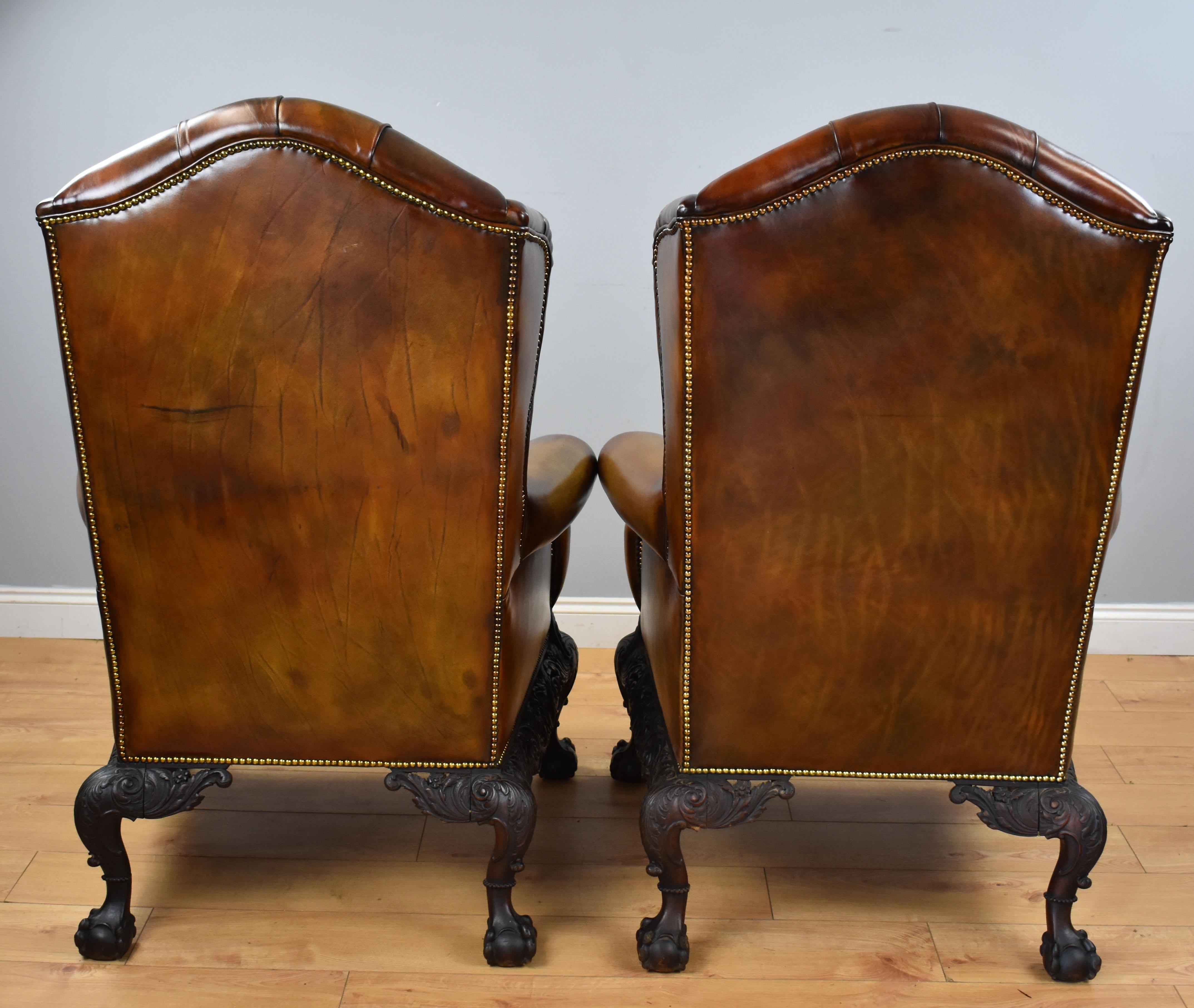 Pair of 19th Century English Victorian Hand Dyed Leather Wing Back Armchairs In Good Condition In Chelmsford, Essex