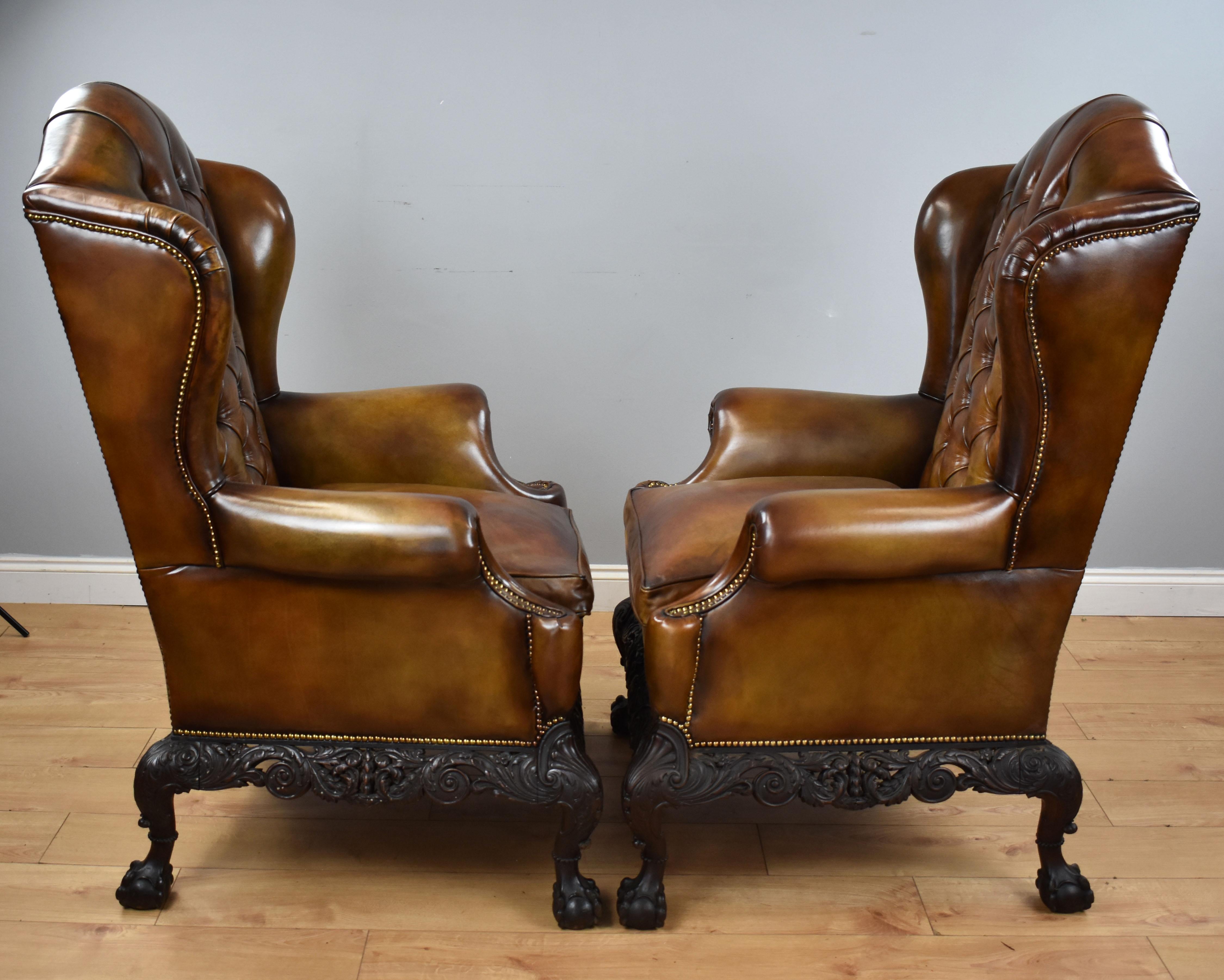 Pair of 19th Century English Victorian Hand Dyed Leather Wing Back Armchairs 1