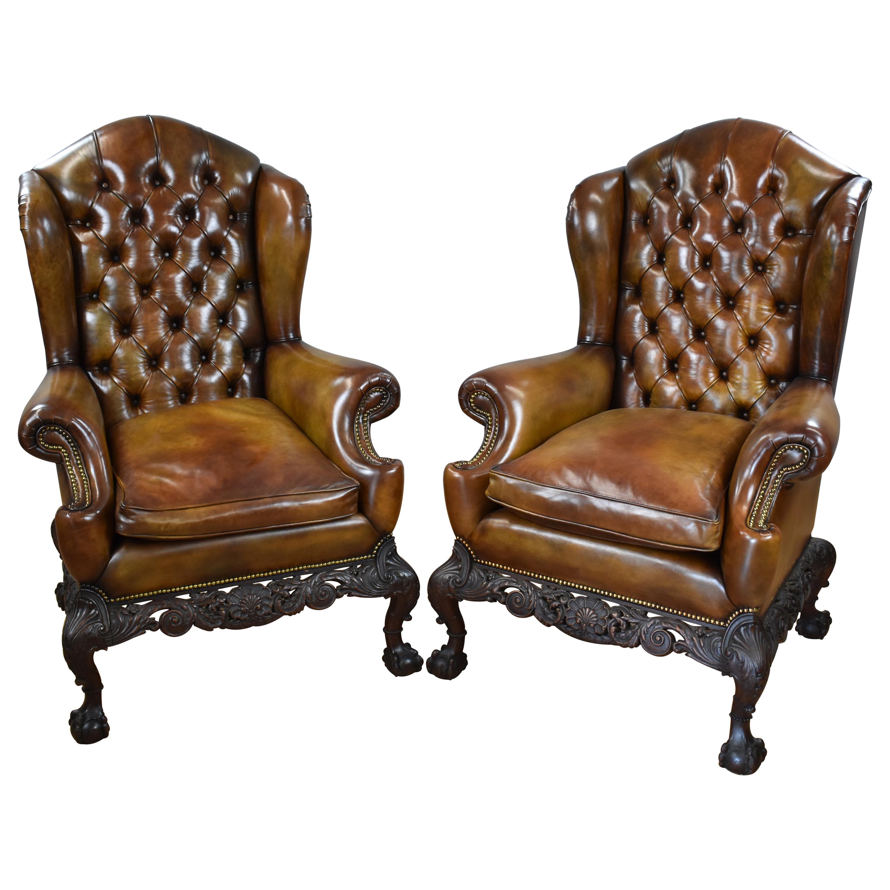 Pair of 19th Century English Victorian Hand Dyed Leather Wing Back Armchairs
