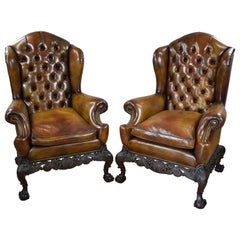 Antique Pair of 19th Century English Victorian Hand Dyed Leather Wing Back Armchairs