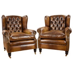 Antique Pair of 19th Century English Victorian Whiskey Brown Leather Armchairs