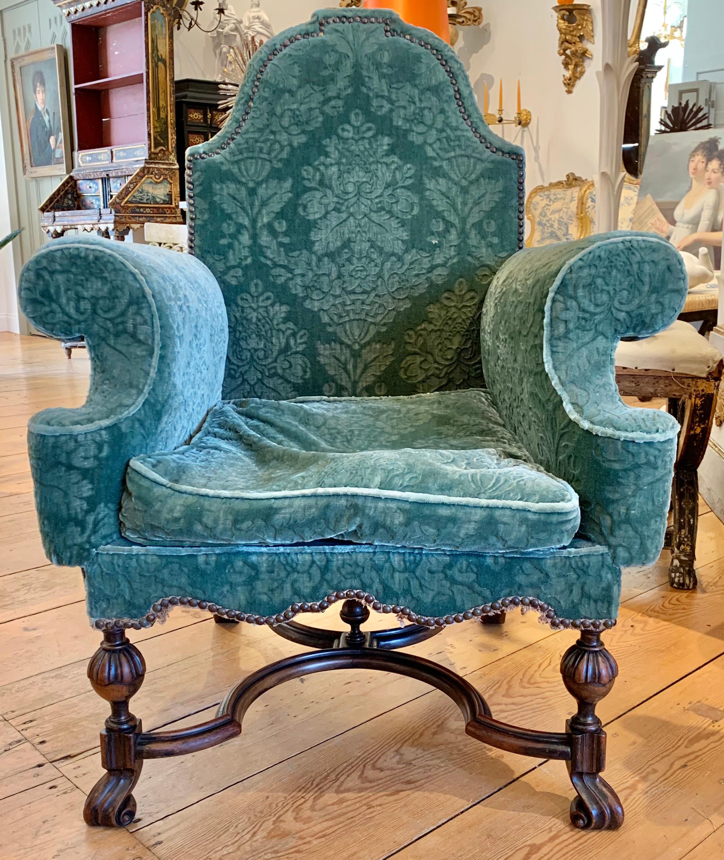 Carved Pair of 19th Century English Walnut Jacobean Style Upholstered Armchairs