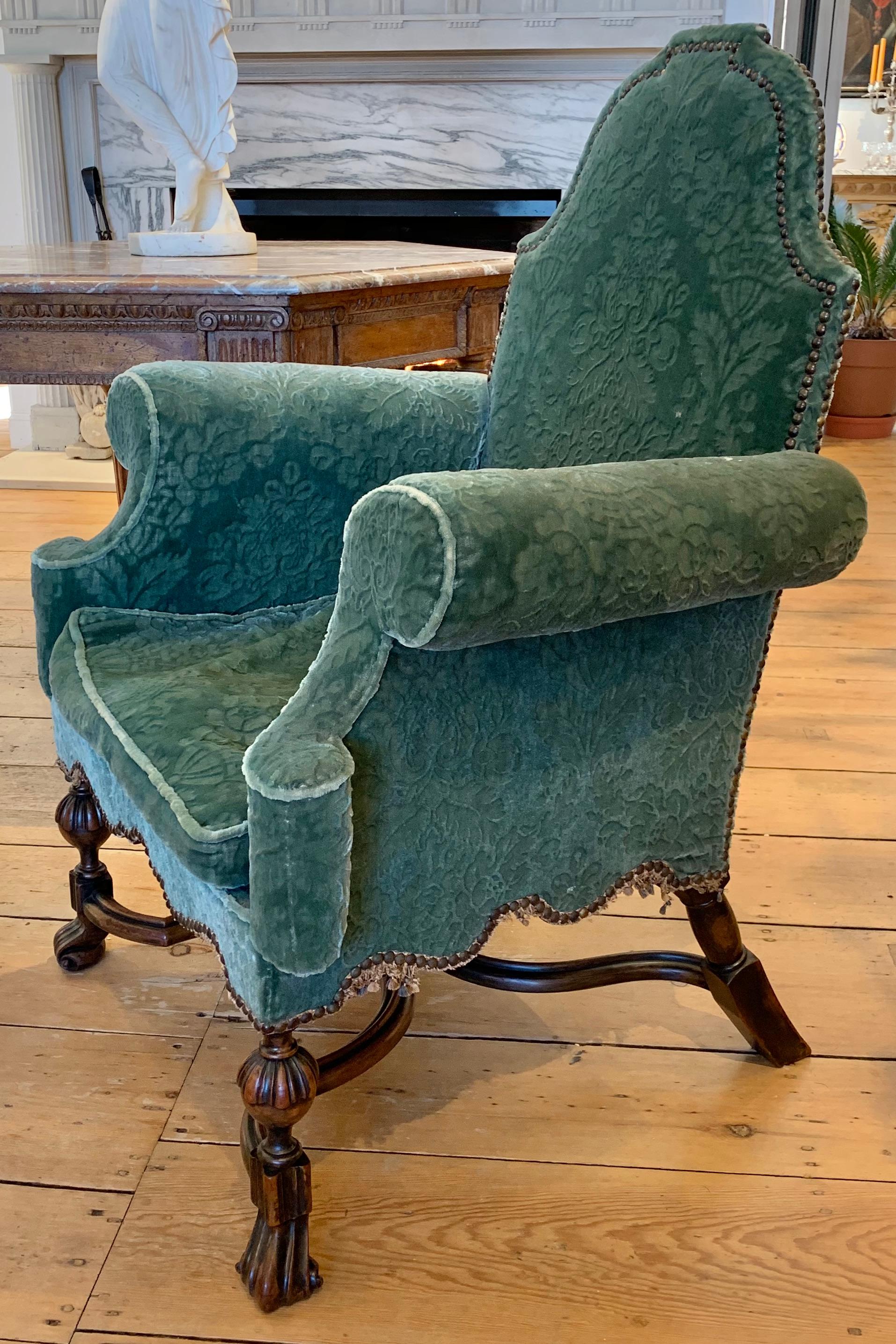 Pair of 19th Century English Walnut Jacobean Style Upholstered Armchairs In Good Condition In Essex, MA