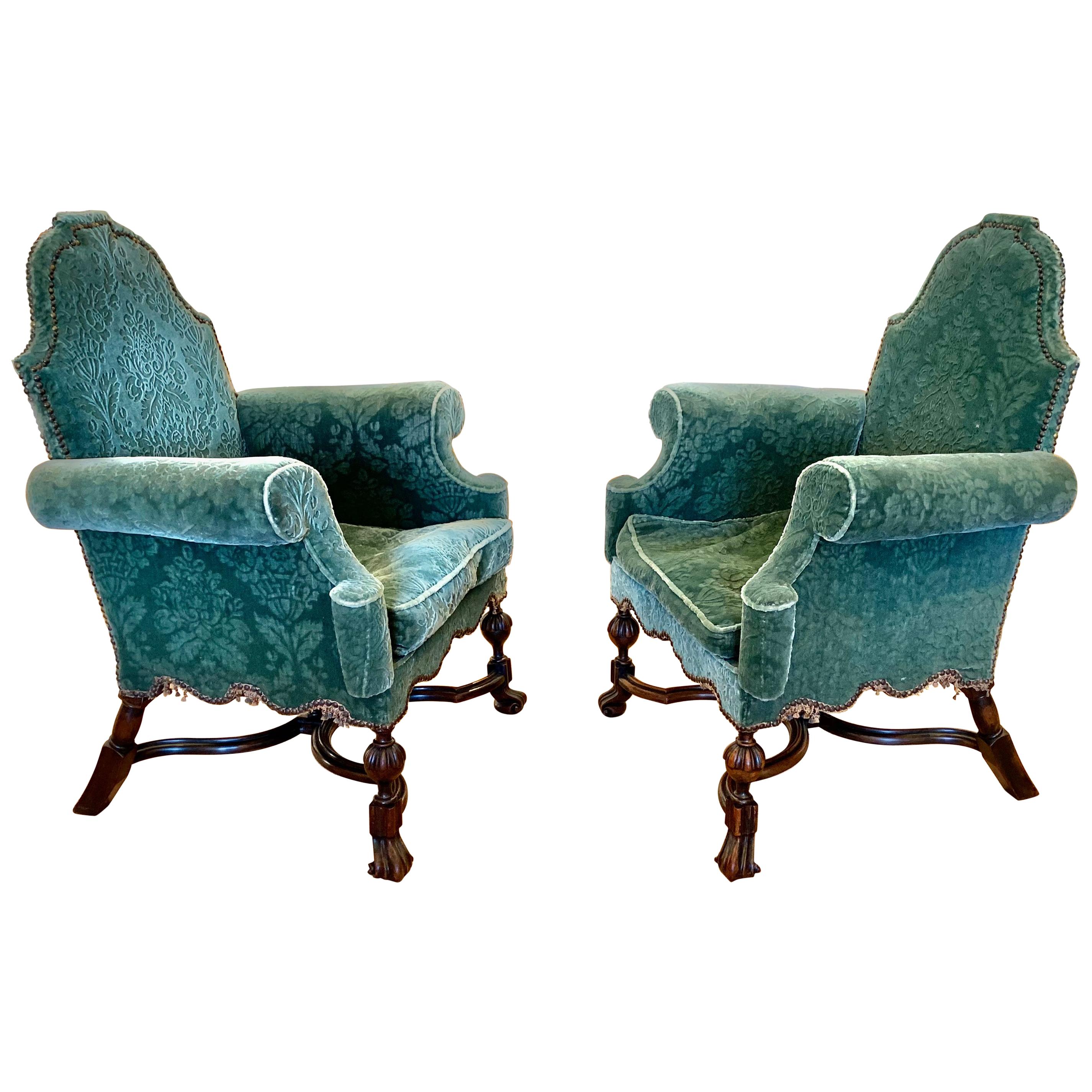 Pair of 19th Century English Walnut Jacobean Style Upholstered Armchairs