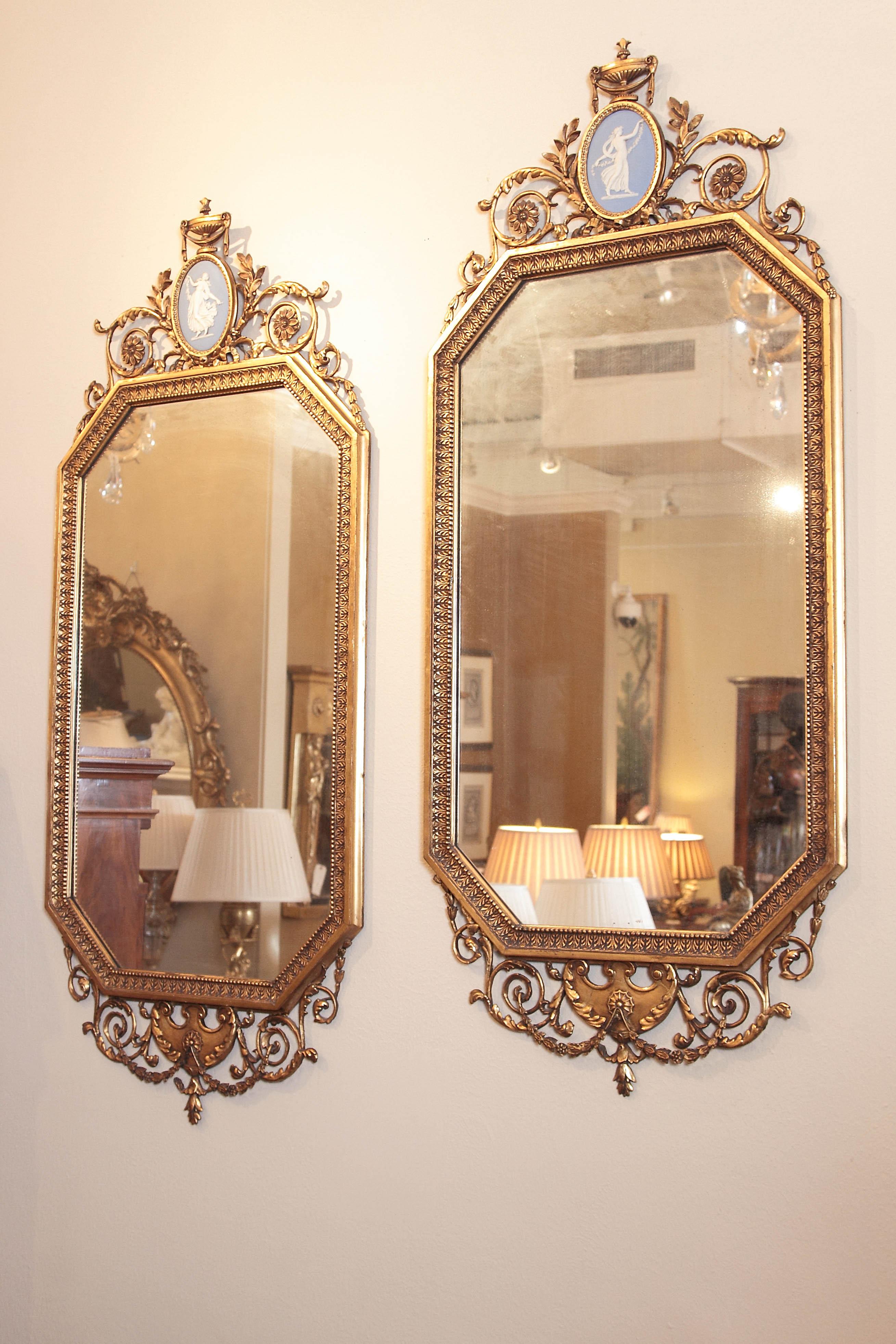 Pair of 19th Century English Water Gilt Hand-Carved Mirrors with Jasper Plaques 7
