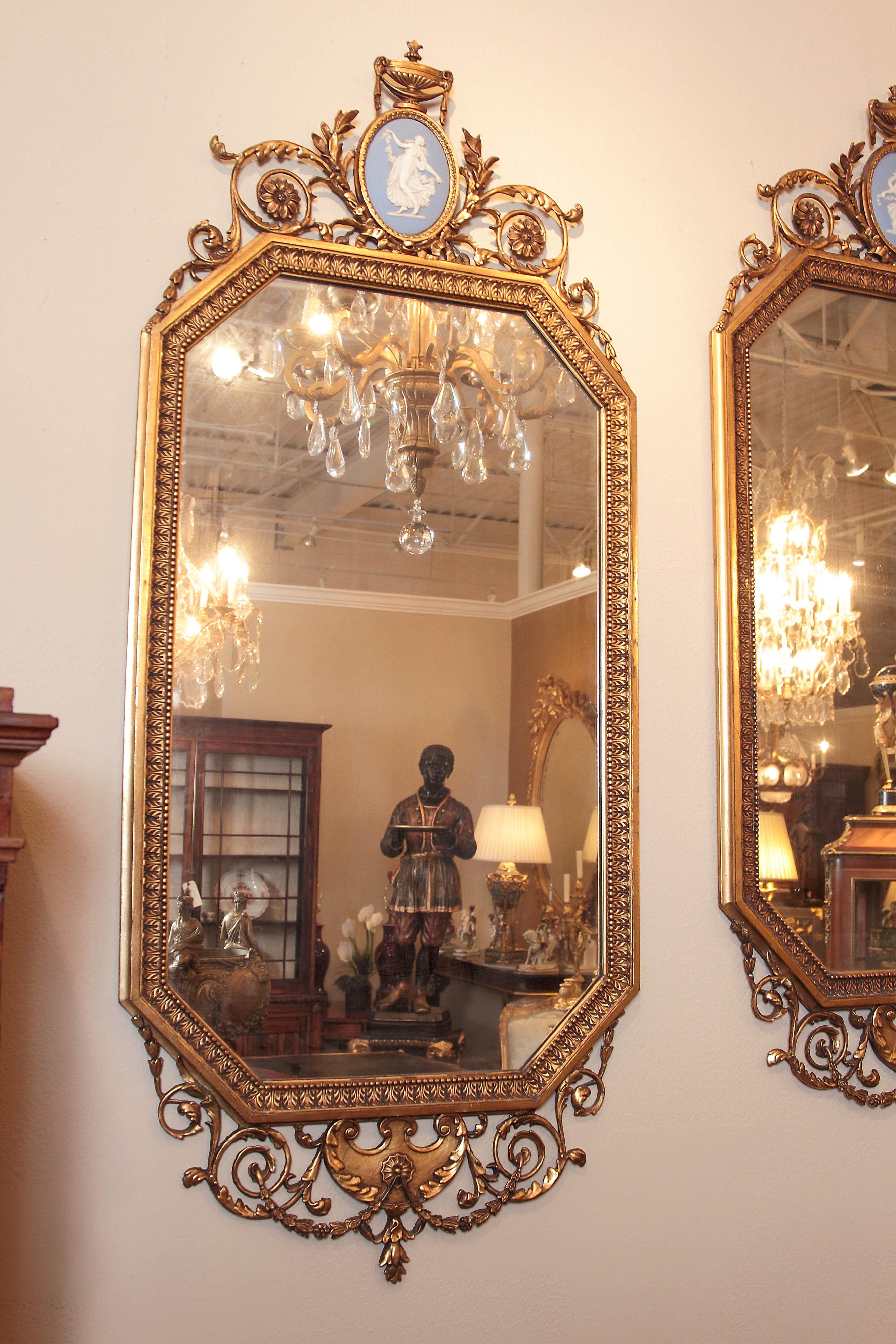 Pair of 19th Century English Water Gilt Hand-Carved Mirrors with Jasper Plaques 2