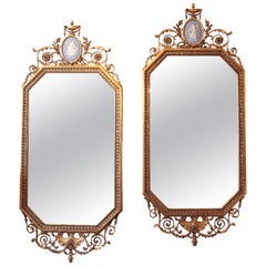 Pair of 19th Century English Water Gilt Hand-Carved Mirrors with Jasper Plaques