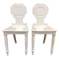 Antique Pair of 19th Century English White Lacquered Hall Chairs