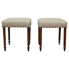 Pair of 19th Century English Wooden Stools with Linen Upholstery and Arrow Feet