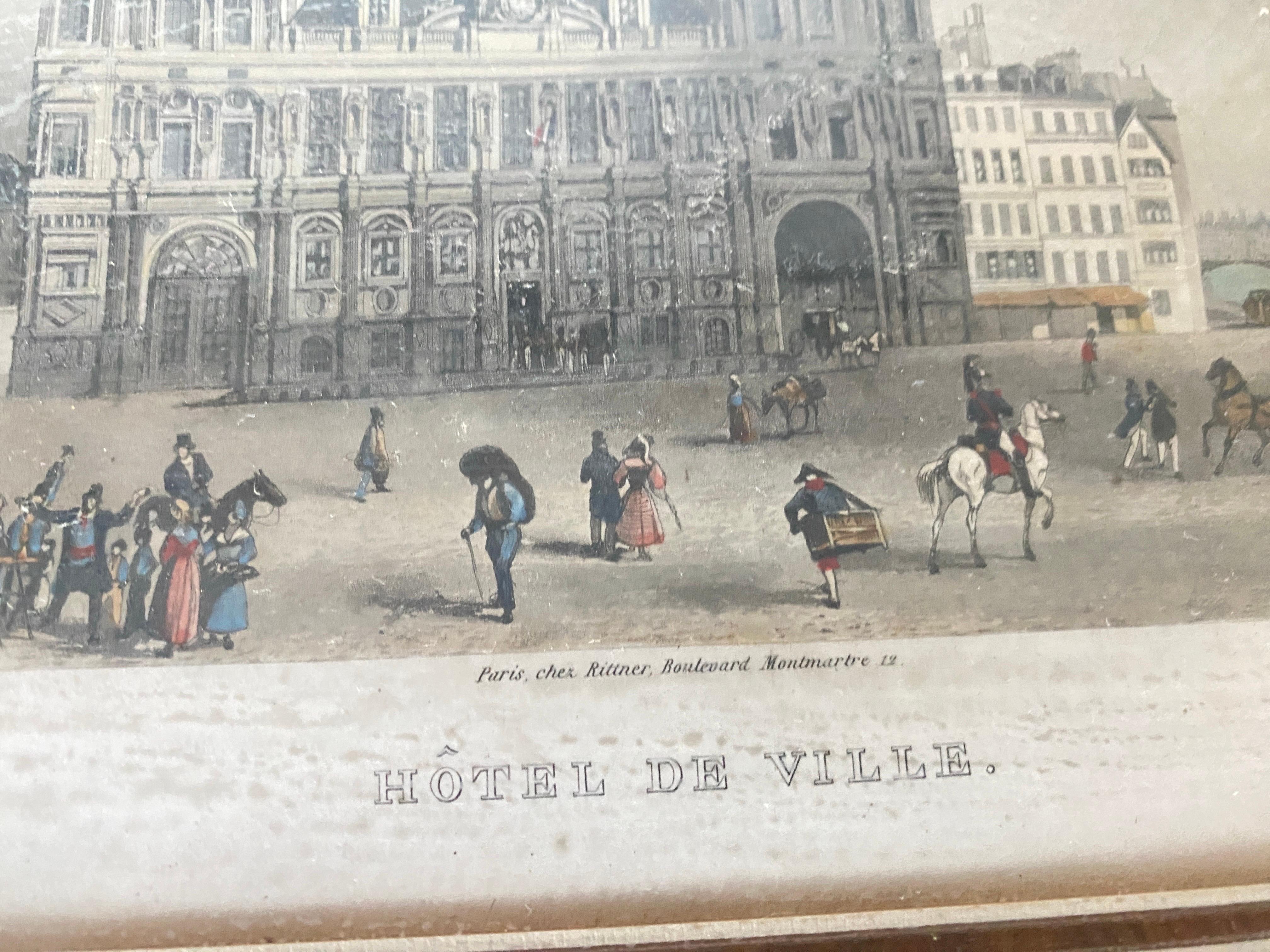 Verre Paire de gravures du 19ème siècle, en couleur, représentant des monuments de Paris, France en vente