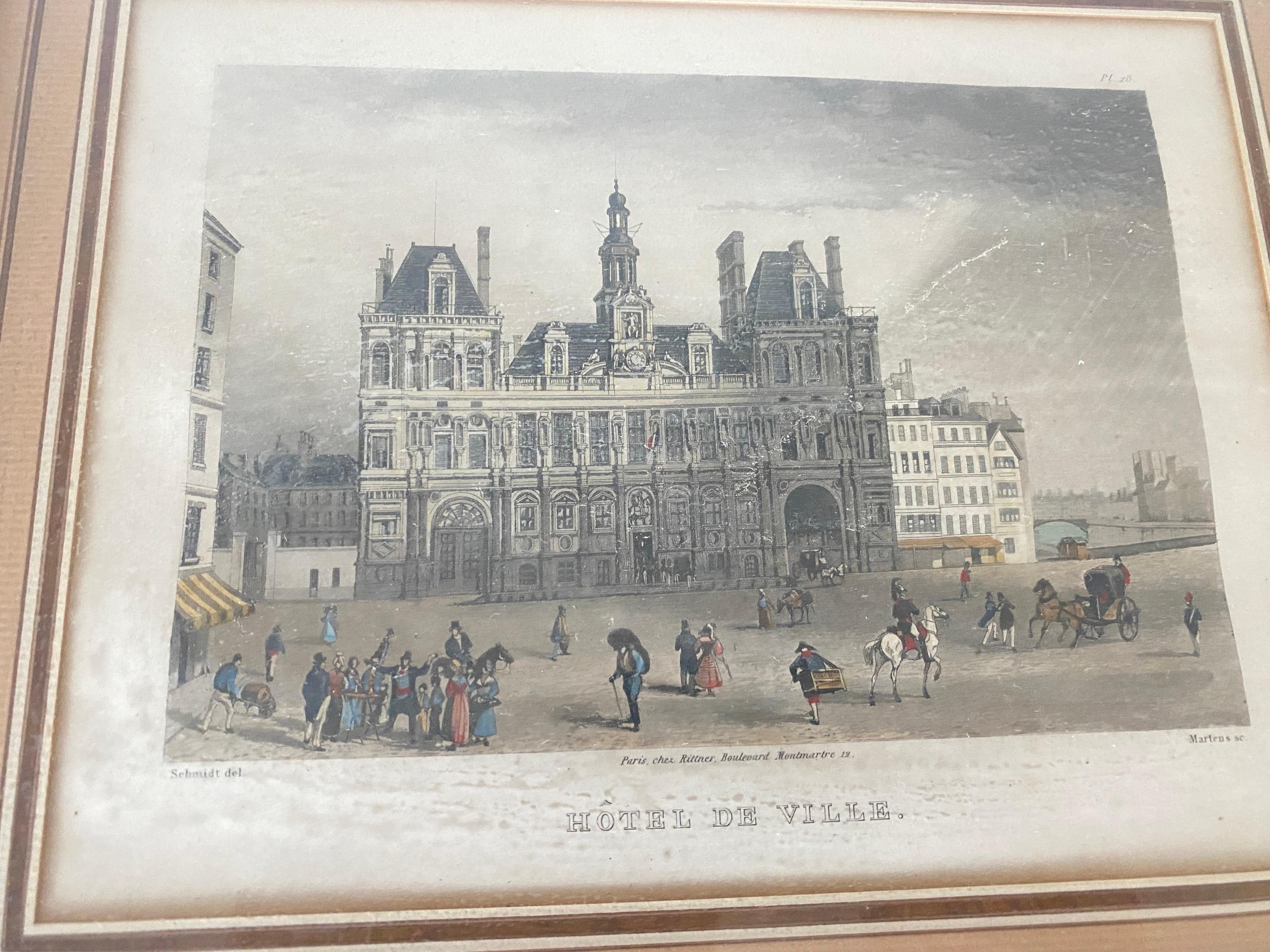Paire de gravures du 19ème siècle, en couleur, représentant des monuments de Paris, France en vente 1