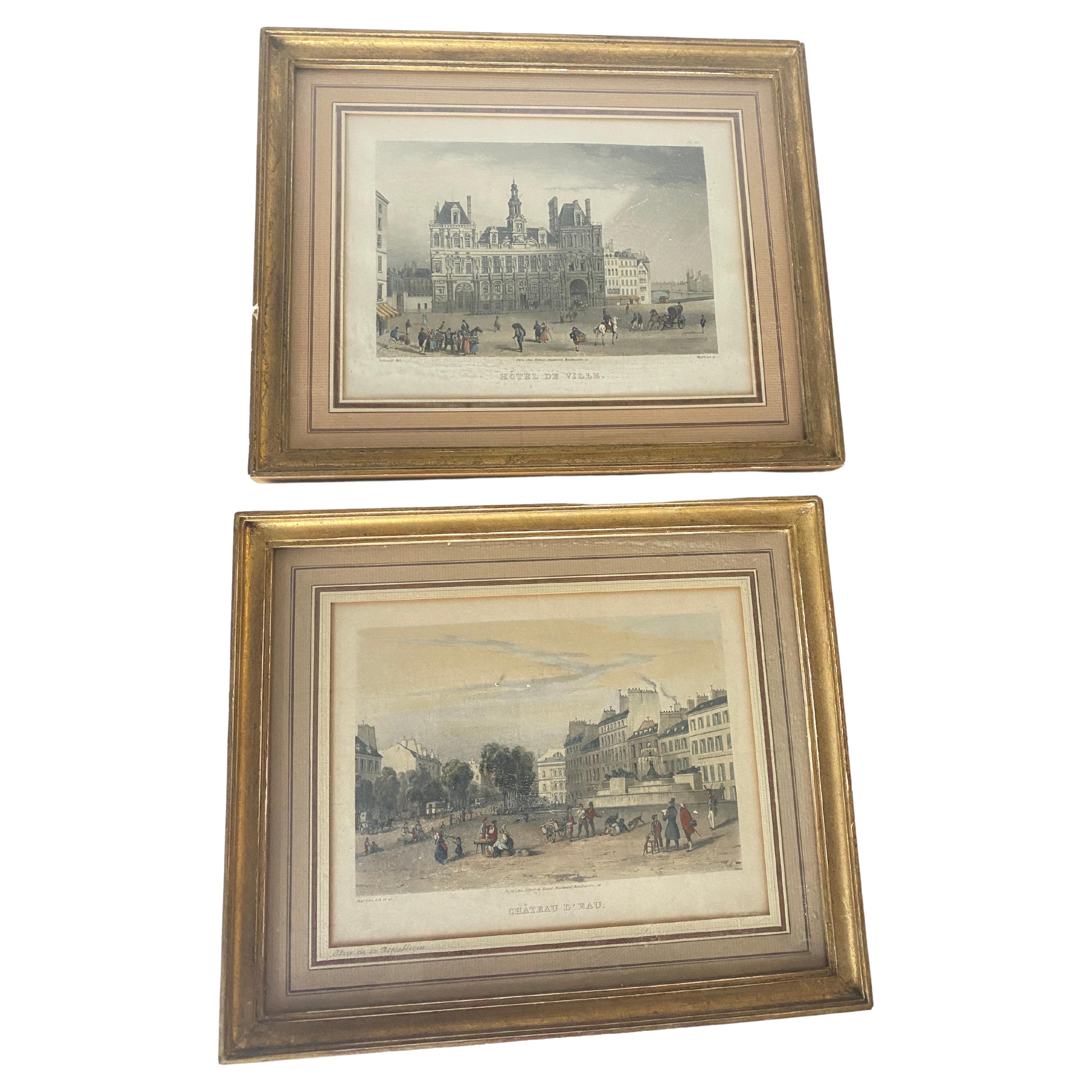 Paire de gravures du 19ème siècle, en couleur, représentant des monuments de Paris, France en vente