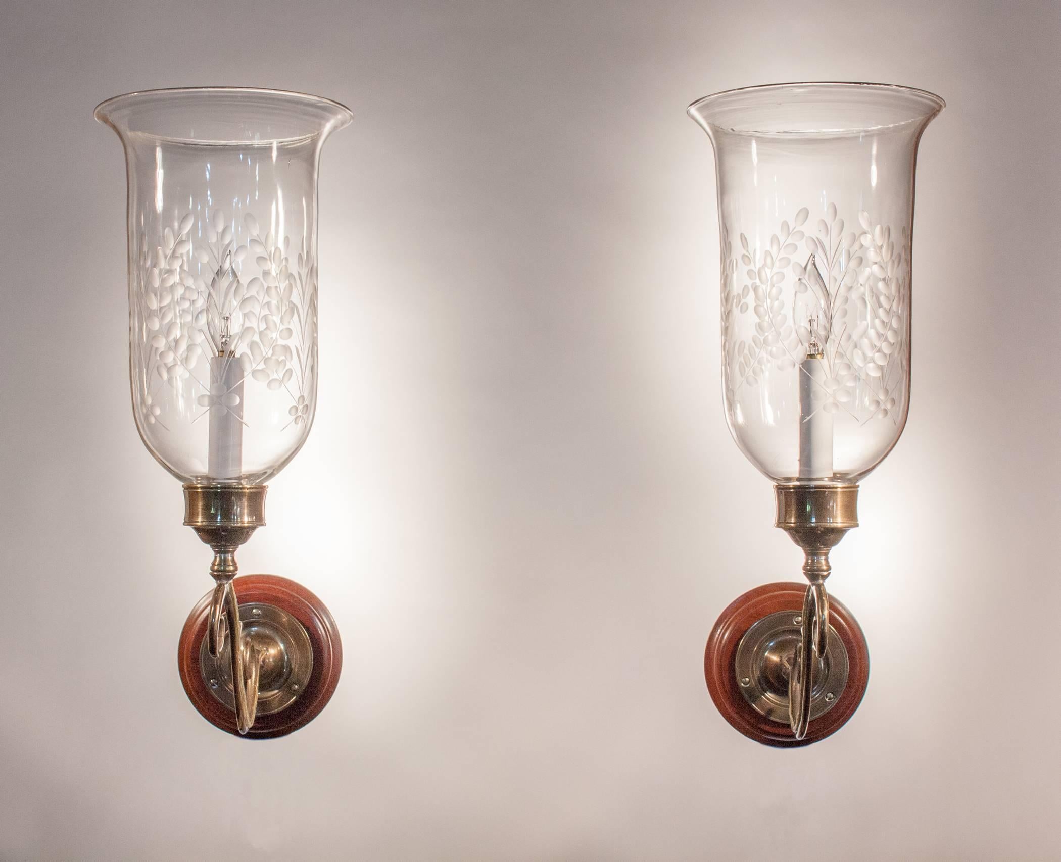 Victorian Pair of 19th Century Etched Hurricane Shade Wall Sconces