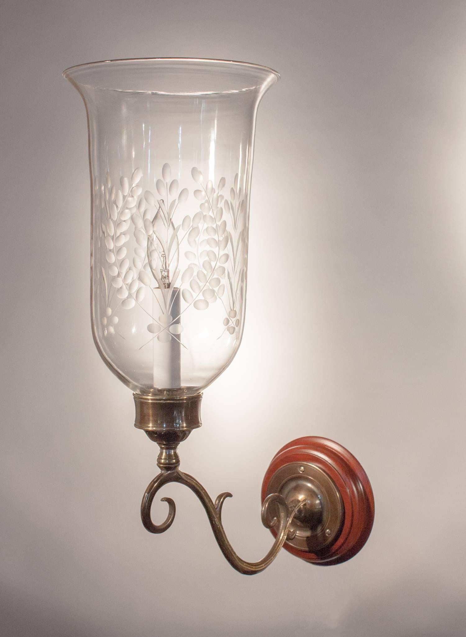 English Pair of 19th Century Etched Hurricane Shade Wall Sconces