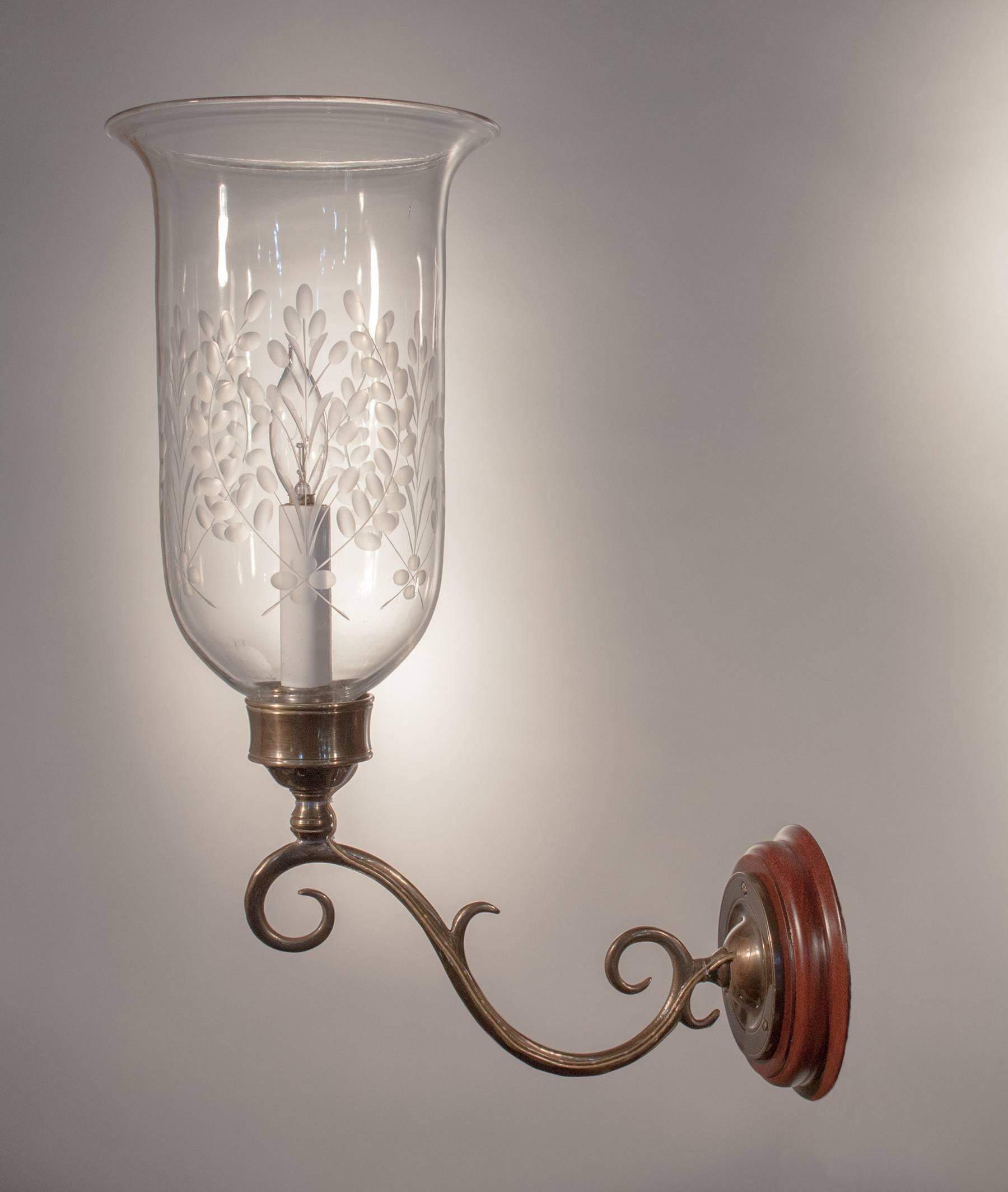 Pair of 19th Century Etched Hurricane Shade Wall Sconces In Excellent Condition In Heath, MA