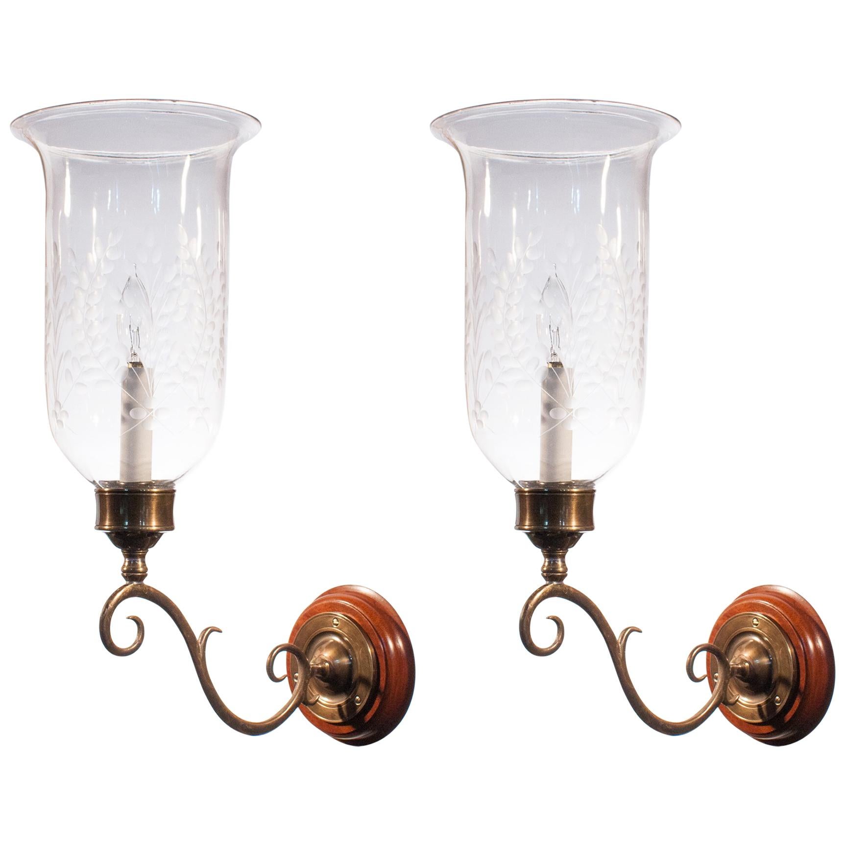 Pair of 19th Century Etched Hurricane Shade Wall Sconces
