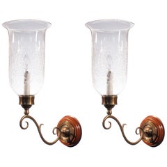 Pair of 19th Century Etched Hurricane Shade Wall Sconces