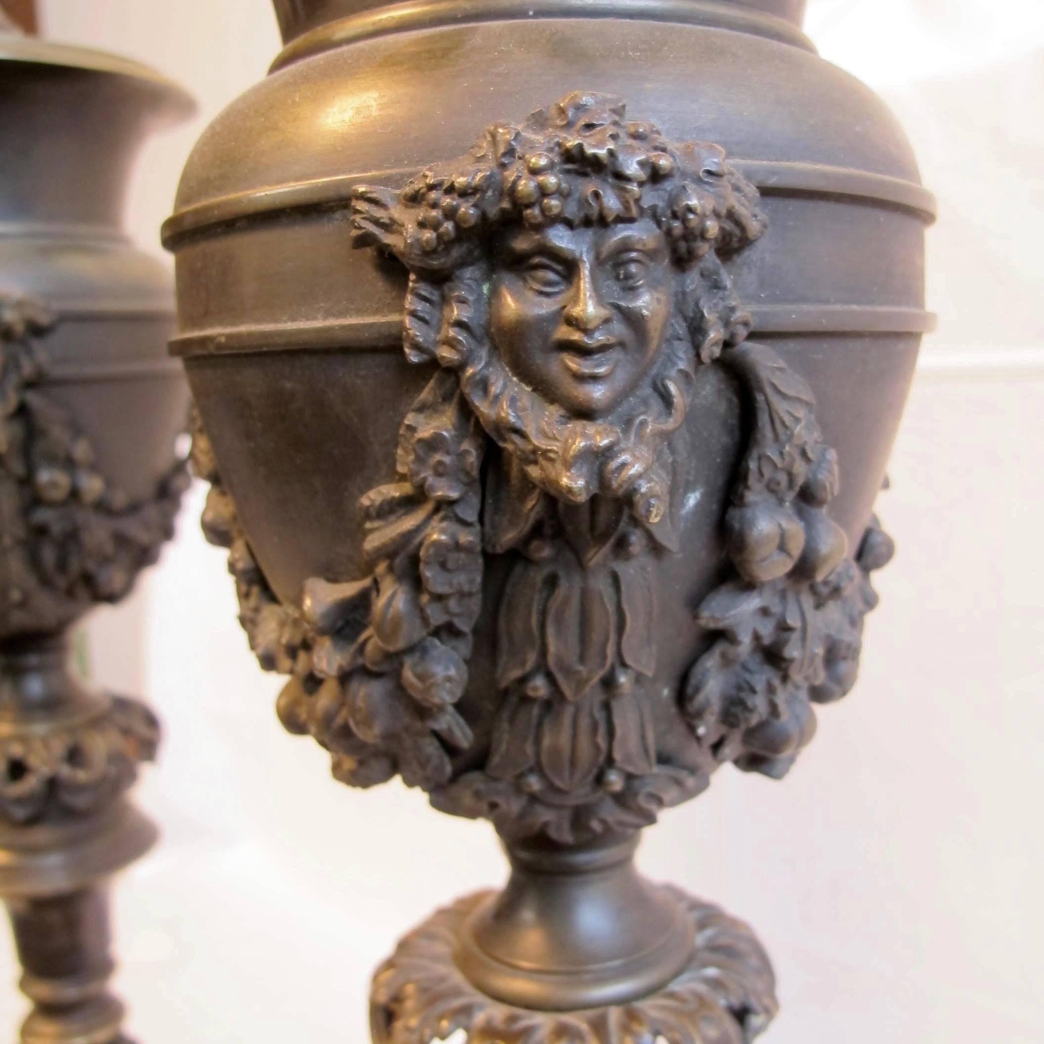 Pair of 19th Century European Bronze Newel Post Urn Lamps For Sale 1