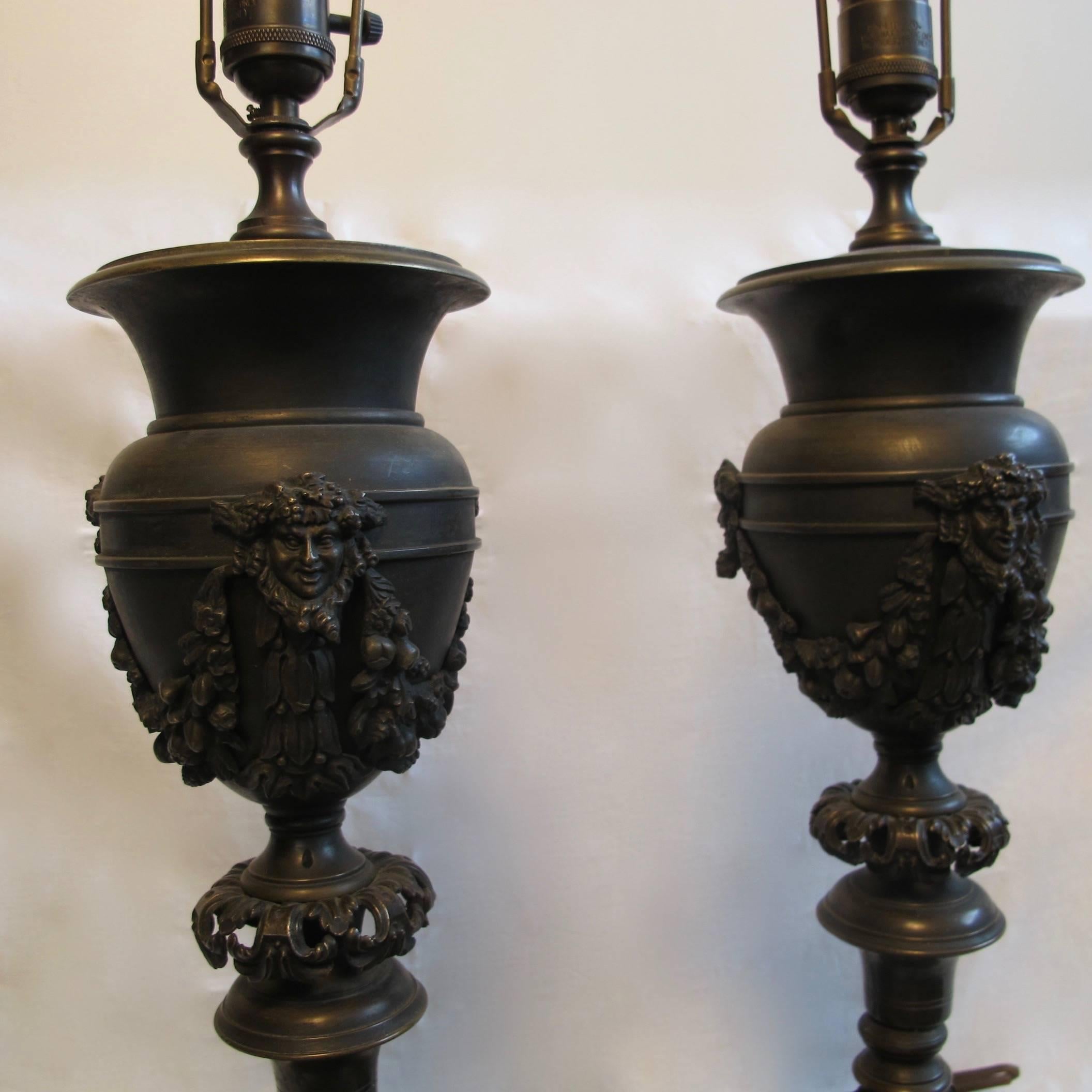 Pair of 19th Century European Bronze Newel Post Urn Lamps For Sale 2