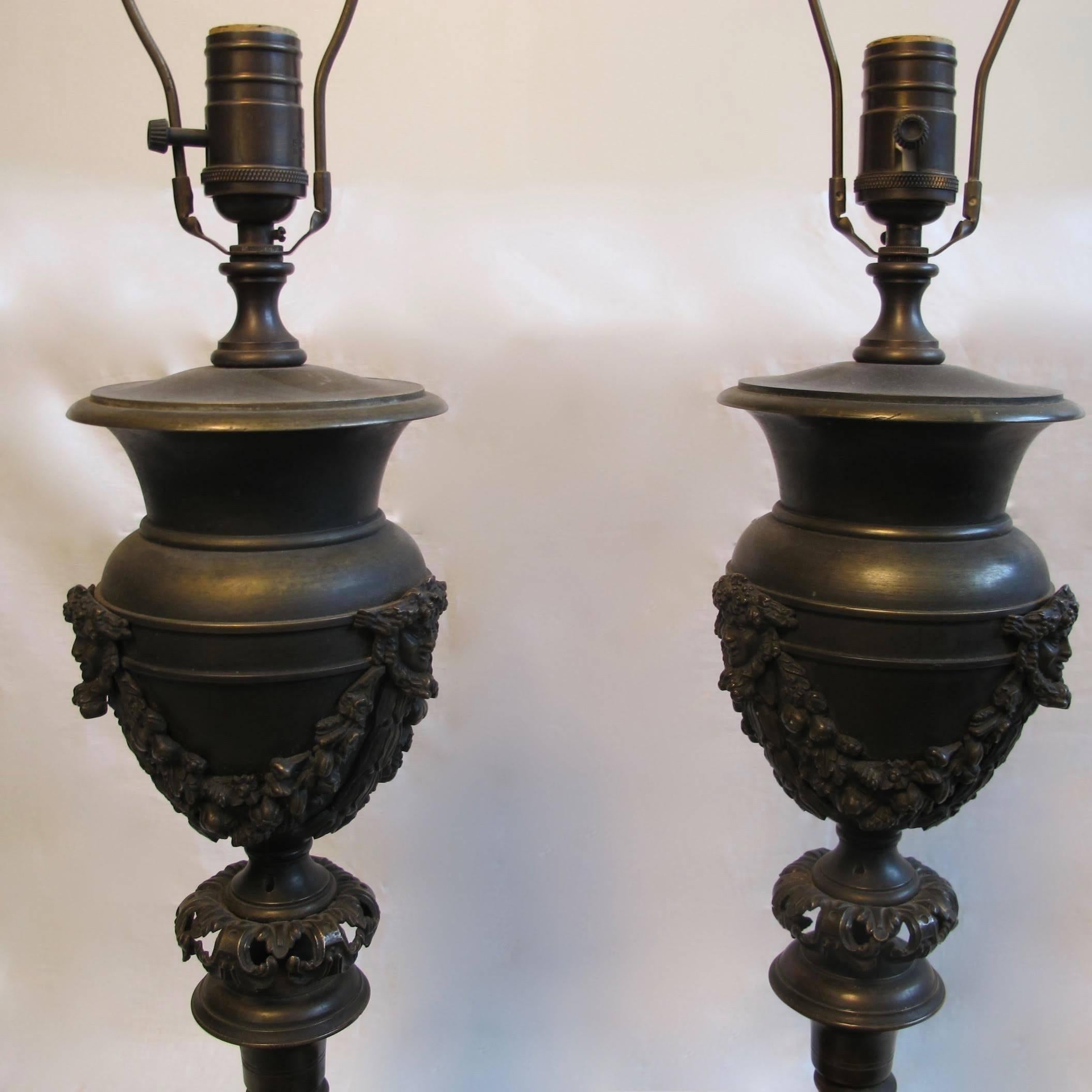 Pair of 19th Century European Bronze Newel Post Urn Lamps For Sale 3