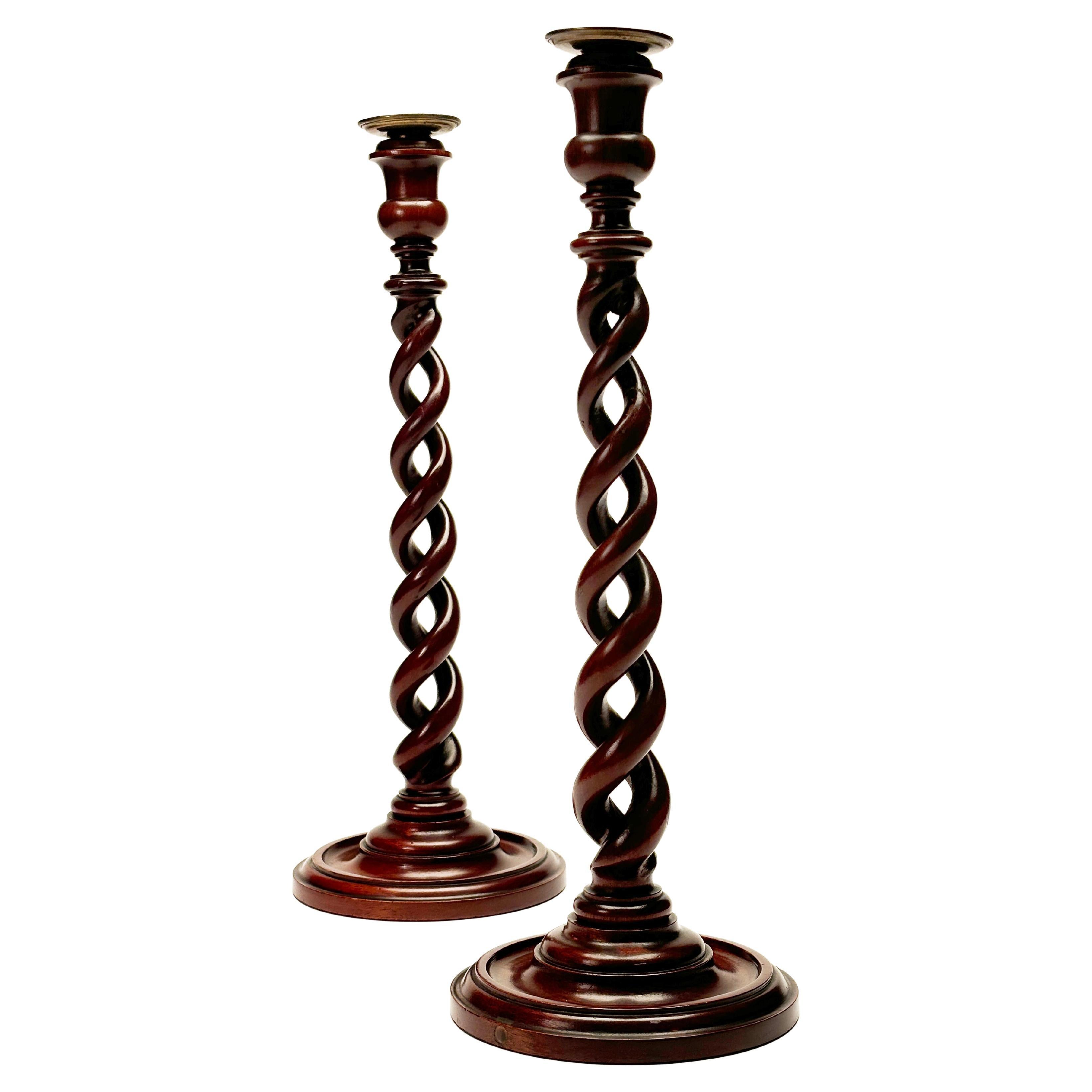 Pair of 19th Century European Mahogany Open Barley Twist Candlesticks