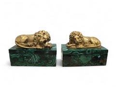 Pair of 19th Century European Malachite Boxes with Gilt Bronze Lion Mounts