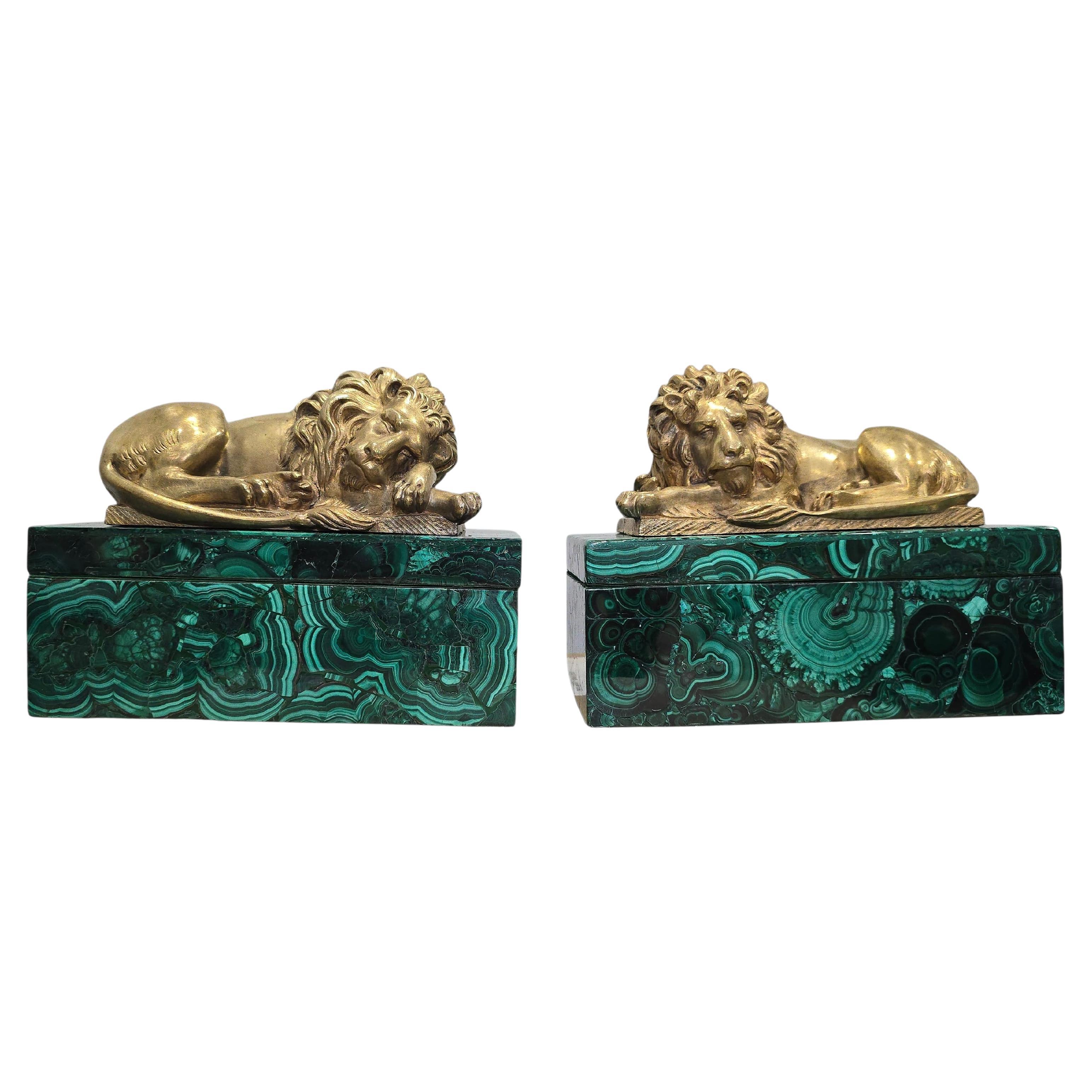 Pair of 19th Century European Malachite Boxes with Gilt Bronze Lion Mounts For Sale