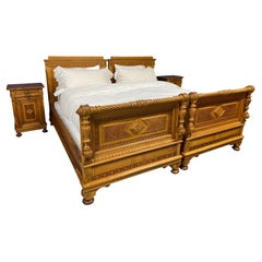 Antique Pair of 19th Century European Pine Twin Beds Reconfigured as King Bed