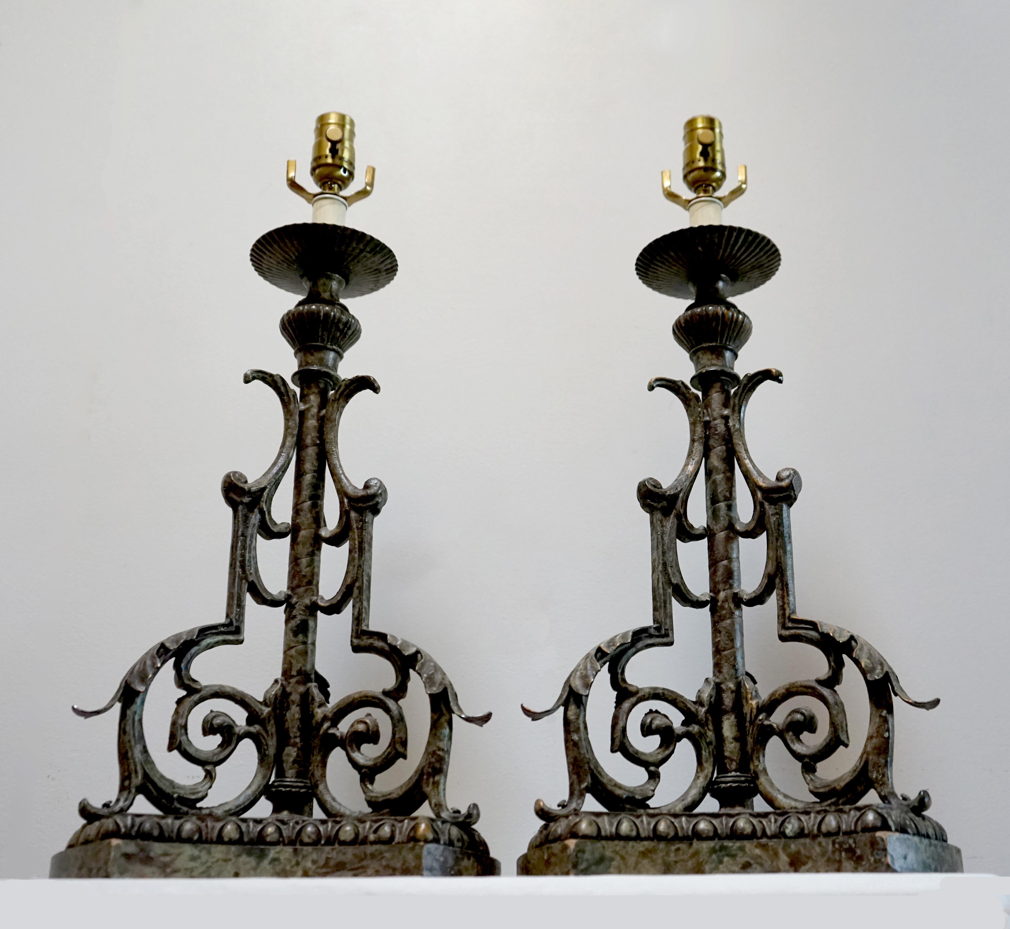 French Pair of 19th Century European Pricket Conversion Gothic Table Lamps For Sale
