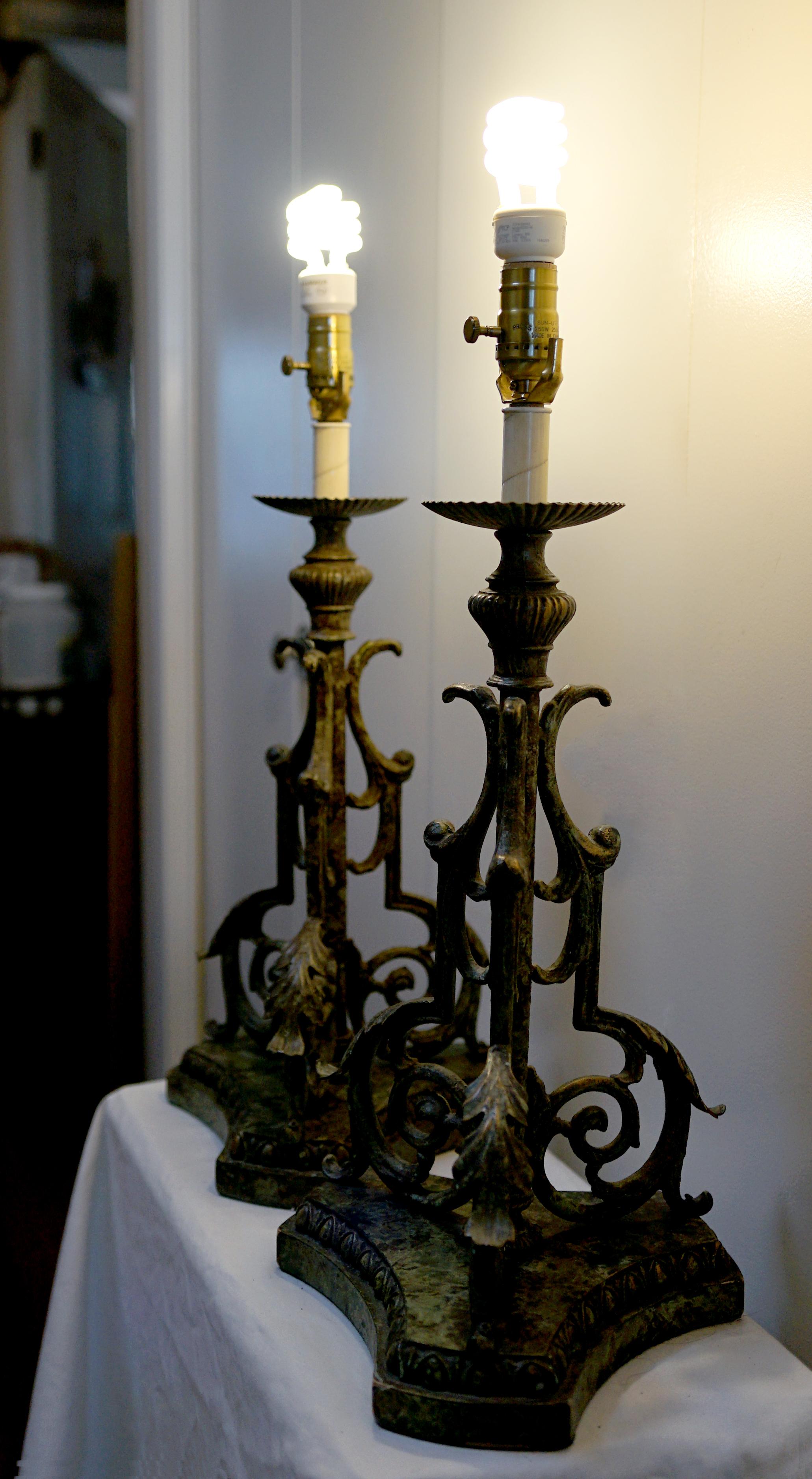 Cast Pair of 19th Century European Pricket Conversion Gothic Table Lamps For Sale