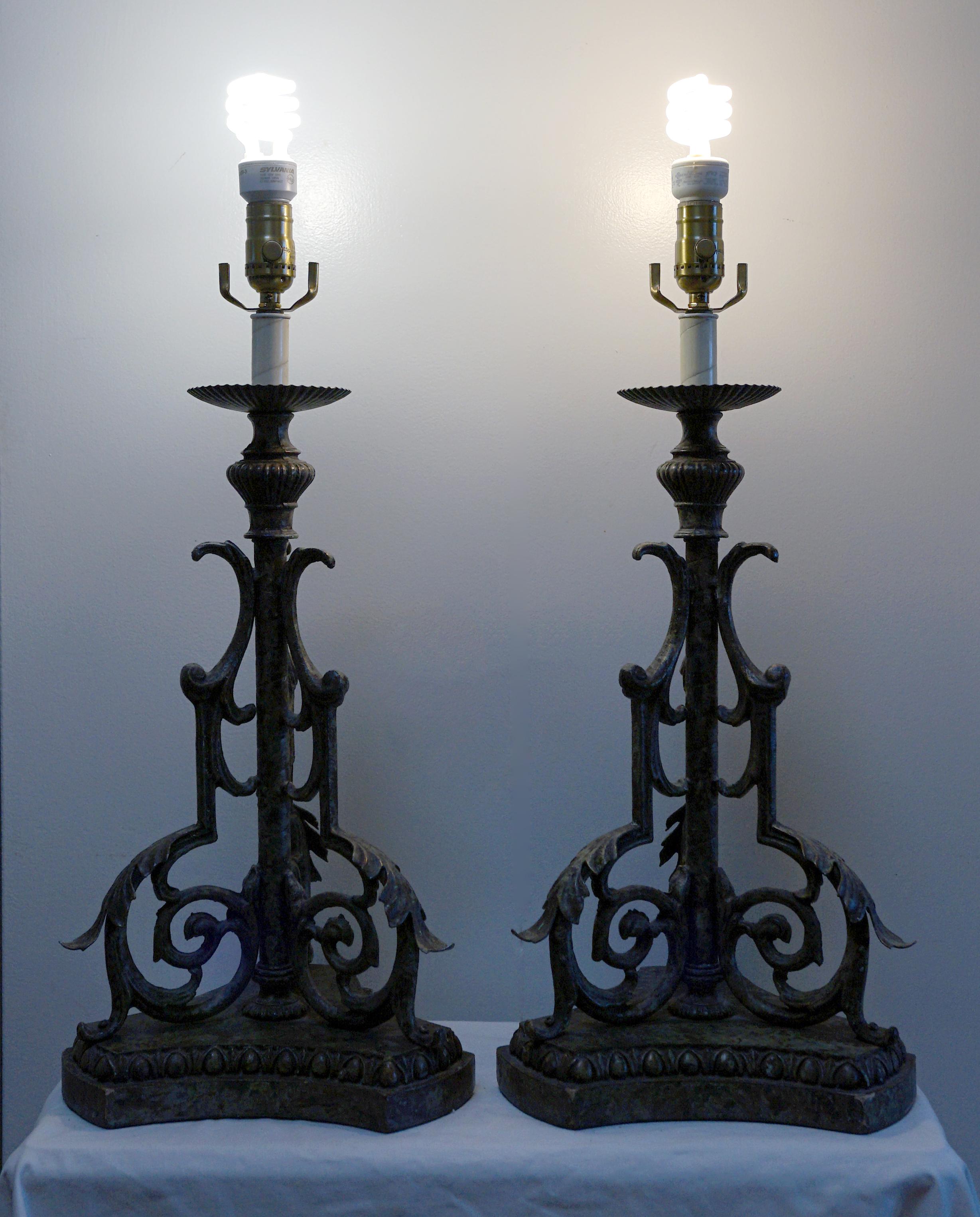 Pair of 19th Century European Pricket Conversion Gothic Table Lamps For Sale 1