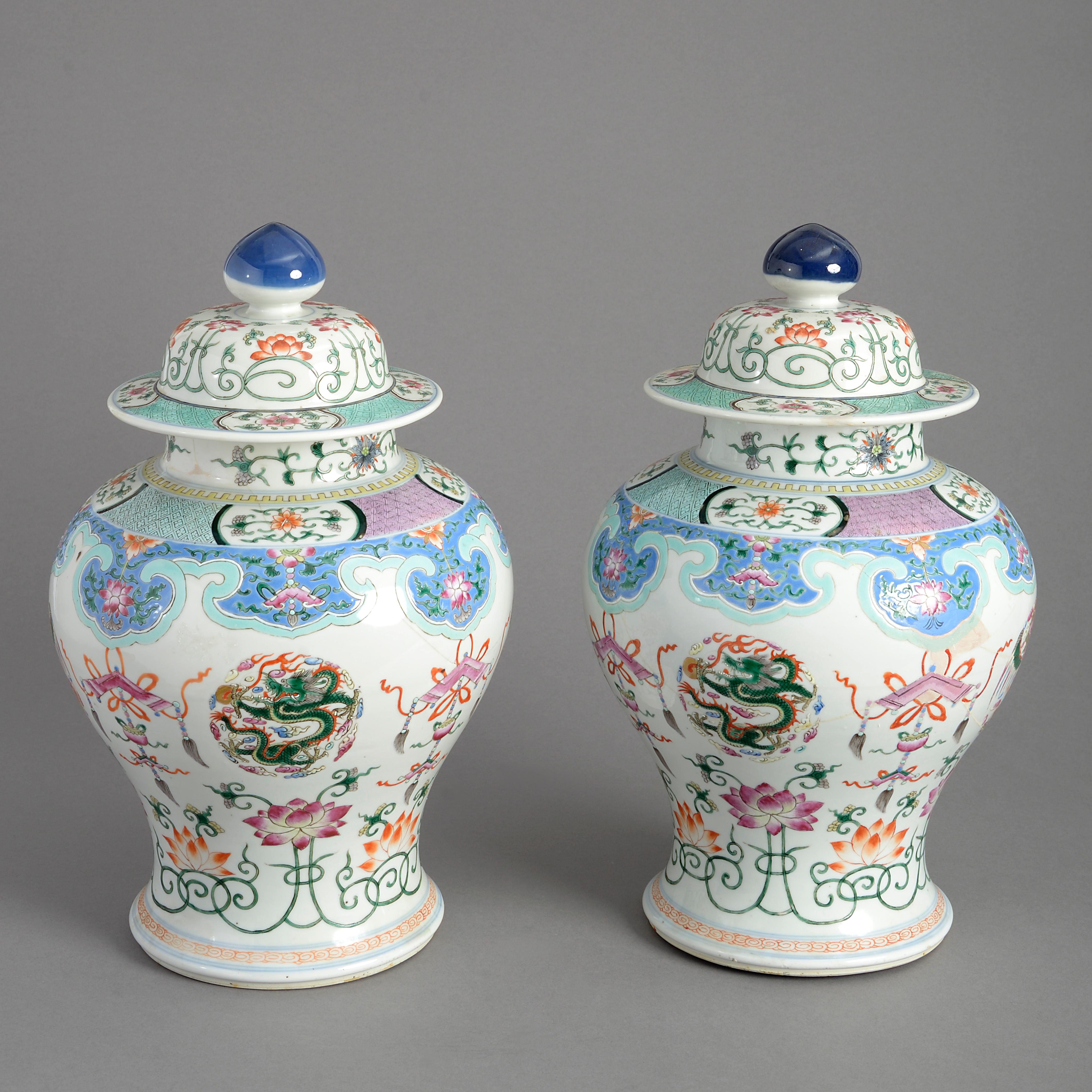 Chinese Export Pair of 19th Century Famille Rose Porcelain Vases and Covers