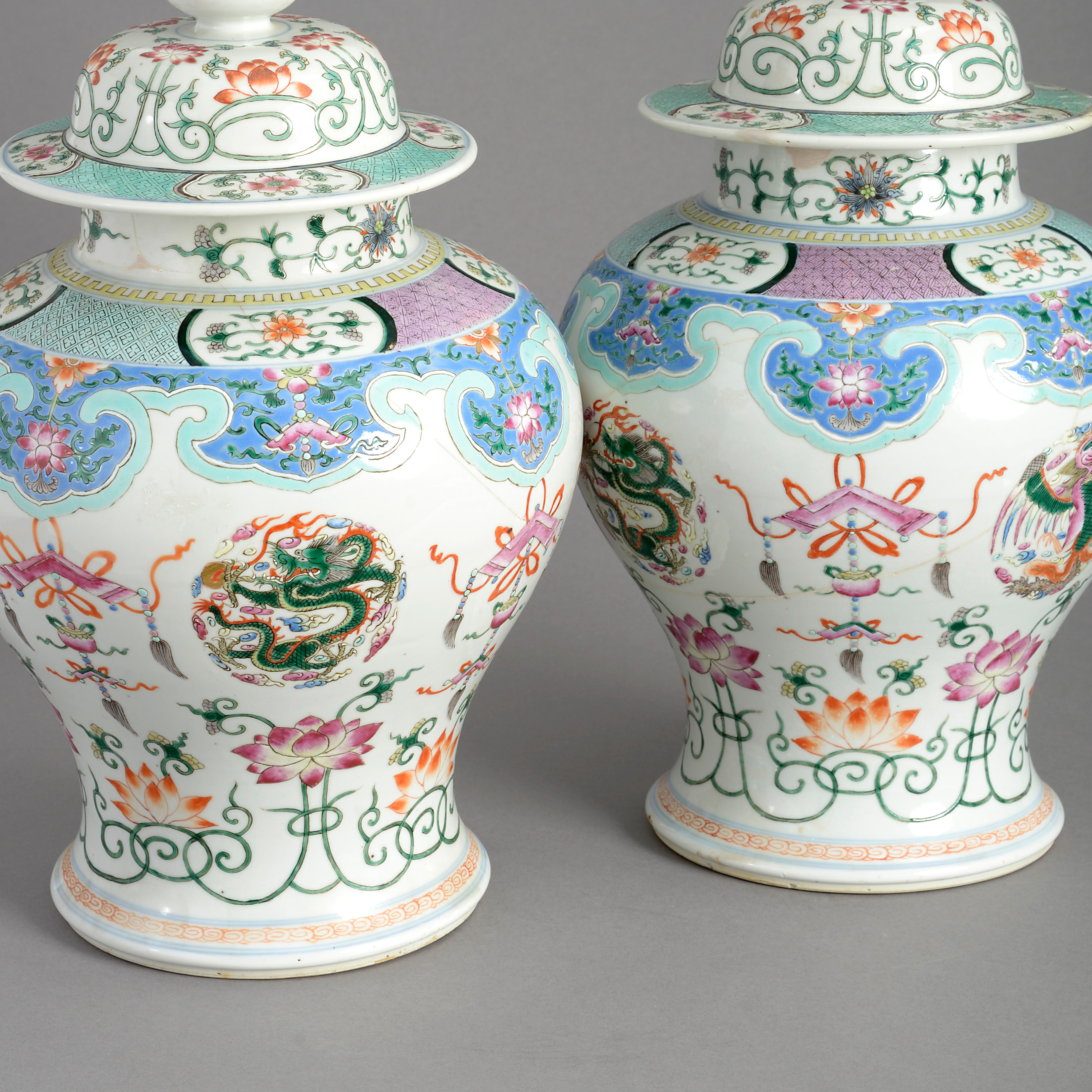 Fired Pair of 19th Century Famille Rose Porcelain Vases and Covers