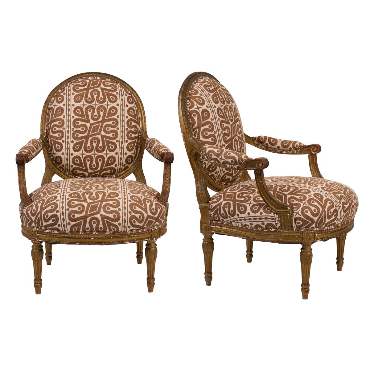 Pair of 19th Century Fauteuils Chairs, Newly Upholstered Fabric For Sale
